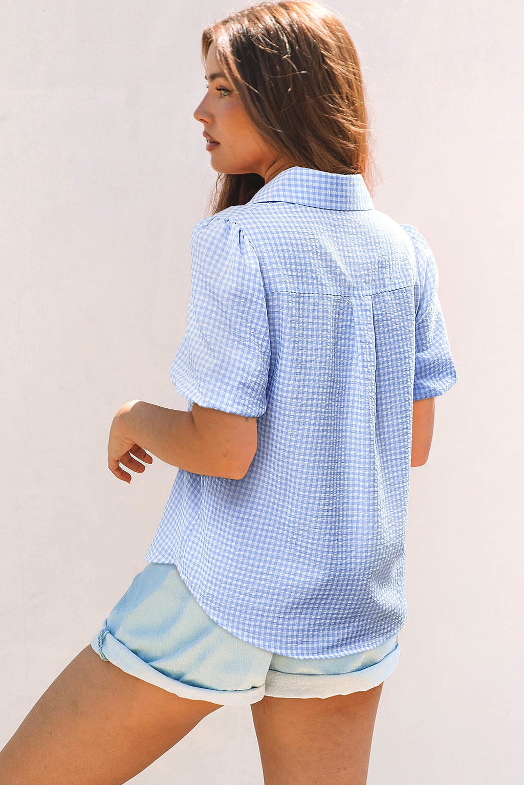 Light Blue Gingham Short Puff Sleeve Button Up Shirt - enhanced image 10