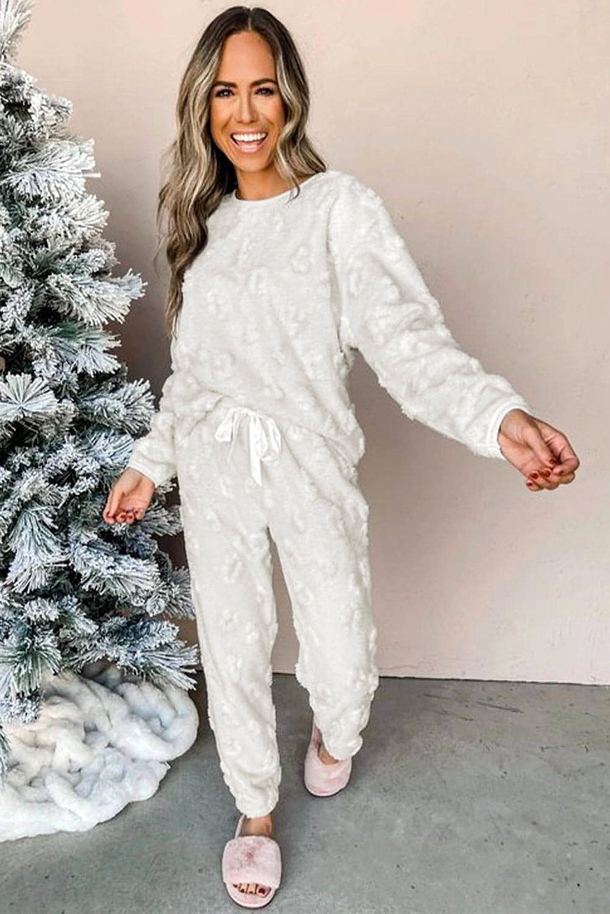 Light Grey Leopard Textured Loose Fit Fleece Lounge Set - enhanced image 10