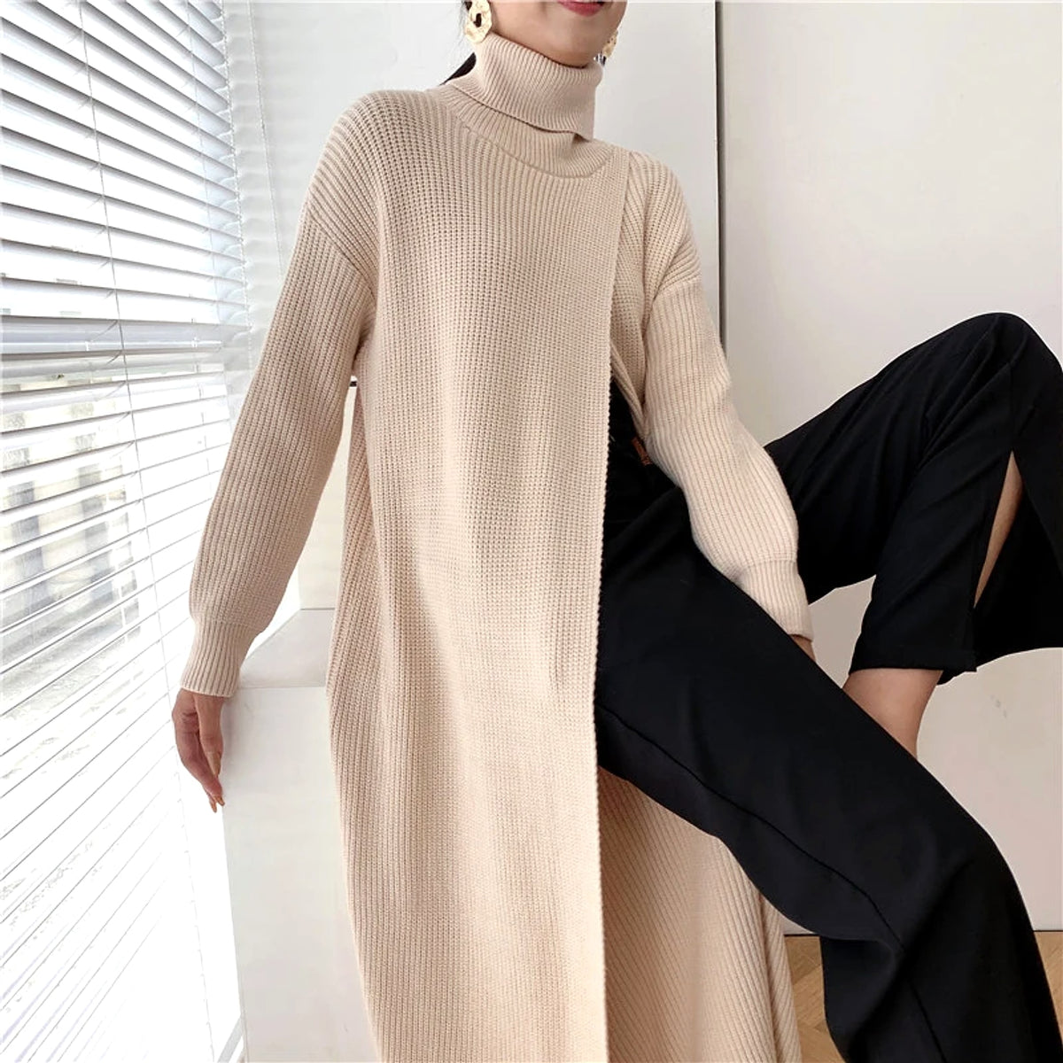 A.1 Long Knit Turtleneck Sweater Long Skirt Pullover Bottoming With Slits And Slim Fit - enhanced image 10