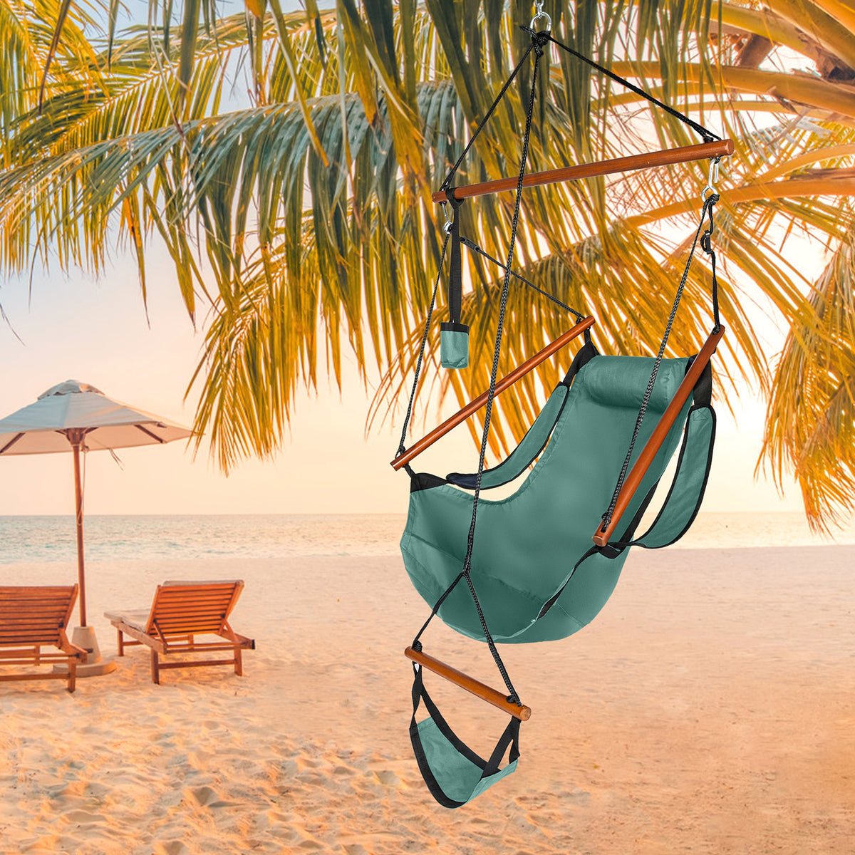 LuxeSwing™ – Oxford Hanging Chair with Wooden Bar & Cup Holder, Green (US Warehouse) - enhanced image 10