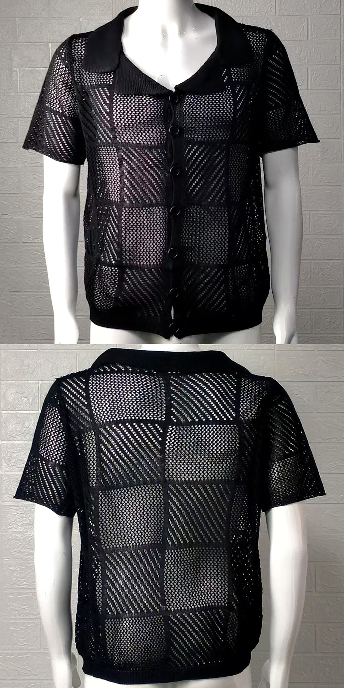 Men's Knit Cardigan Thin Hollow Polo Collar Short Sleeve Top - enhanced image 10