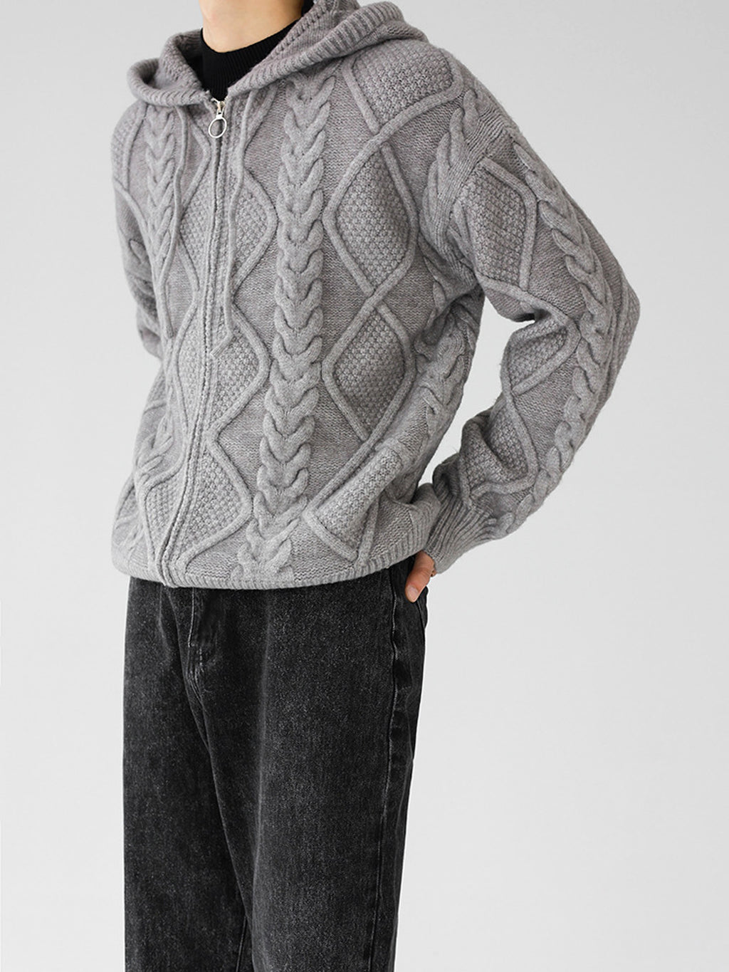 Men's Zipper Hooded Solid Color Loose Rhombus Plaid Coat - enhanced image 10