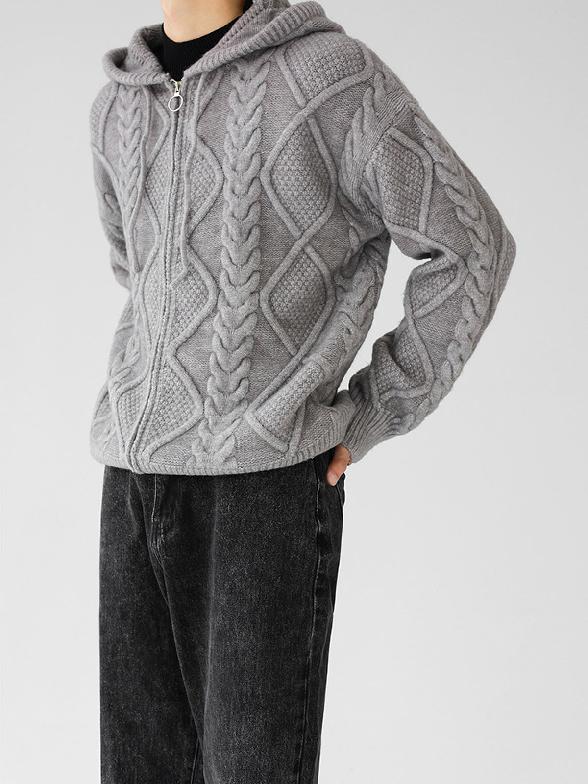 Men's Zipper Hooded Solid Color Loose Rhombus Plaid Coat - enhanced image 10