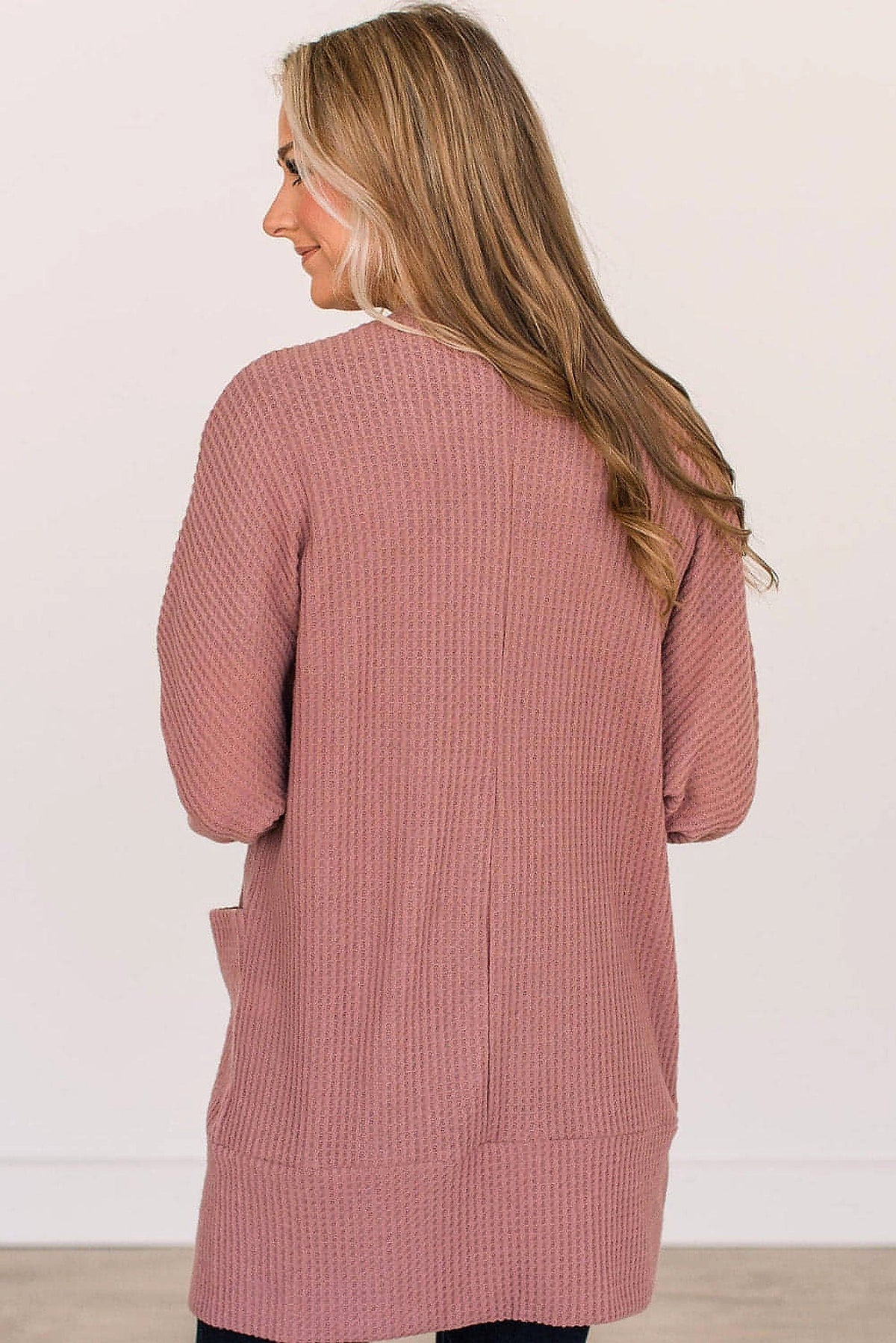 Mineral Red Solid Color Waffle Knit Cardigan with Pocket - enhanced image 10