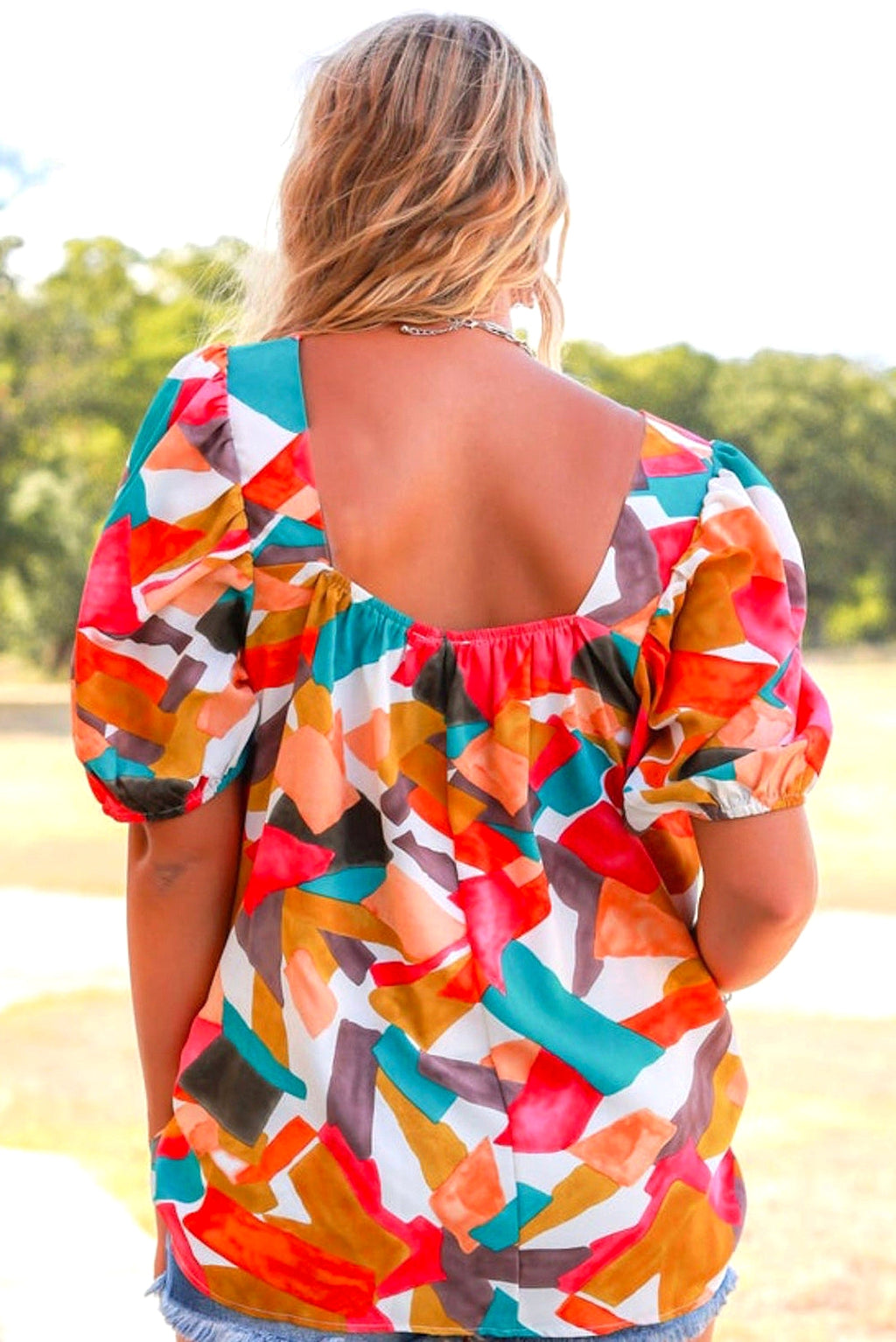 Multicolor Square Neck Abstract Print Short Sleeve Blouse - enhanced image 10