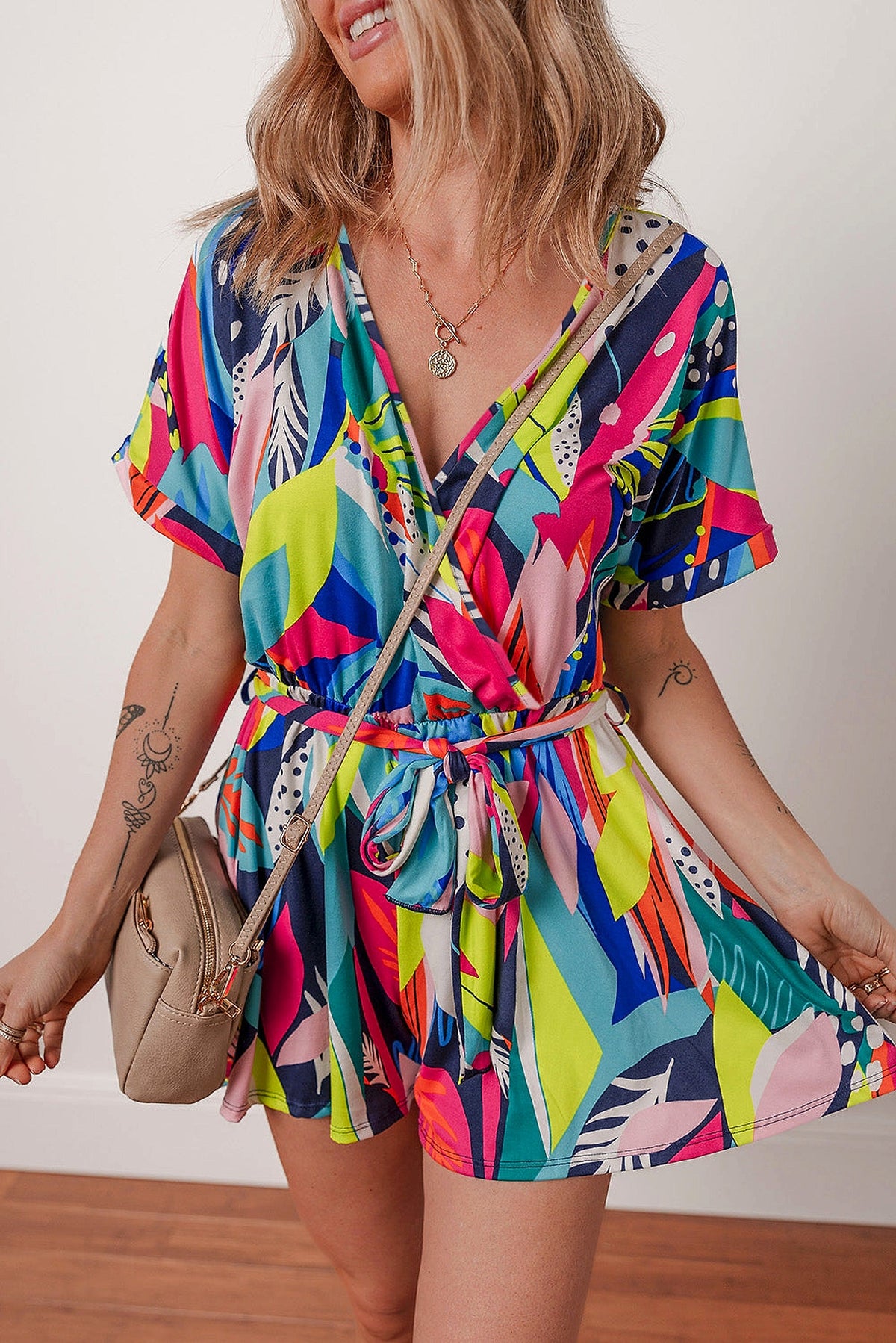 Multicolour Tropical Printed Surplice Neck Tie Waist Romper - enhanced image 10
