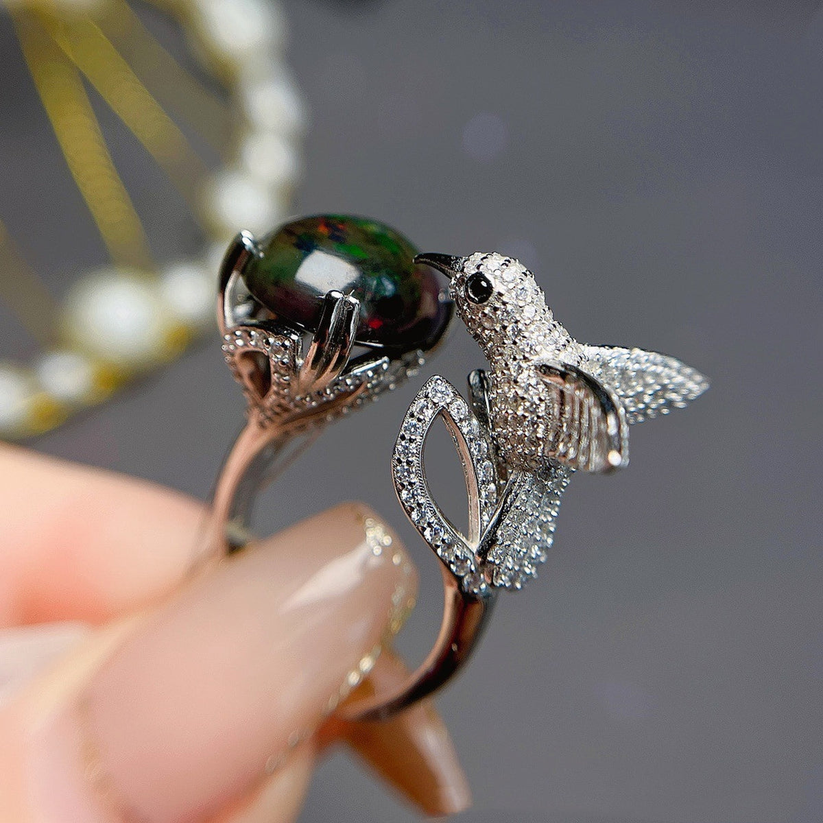 Natural Black Opal Ring For Women - enhanced image 10