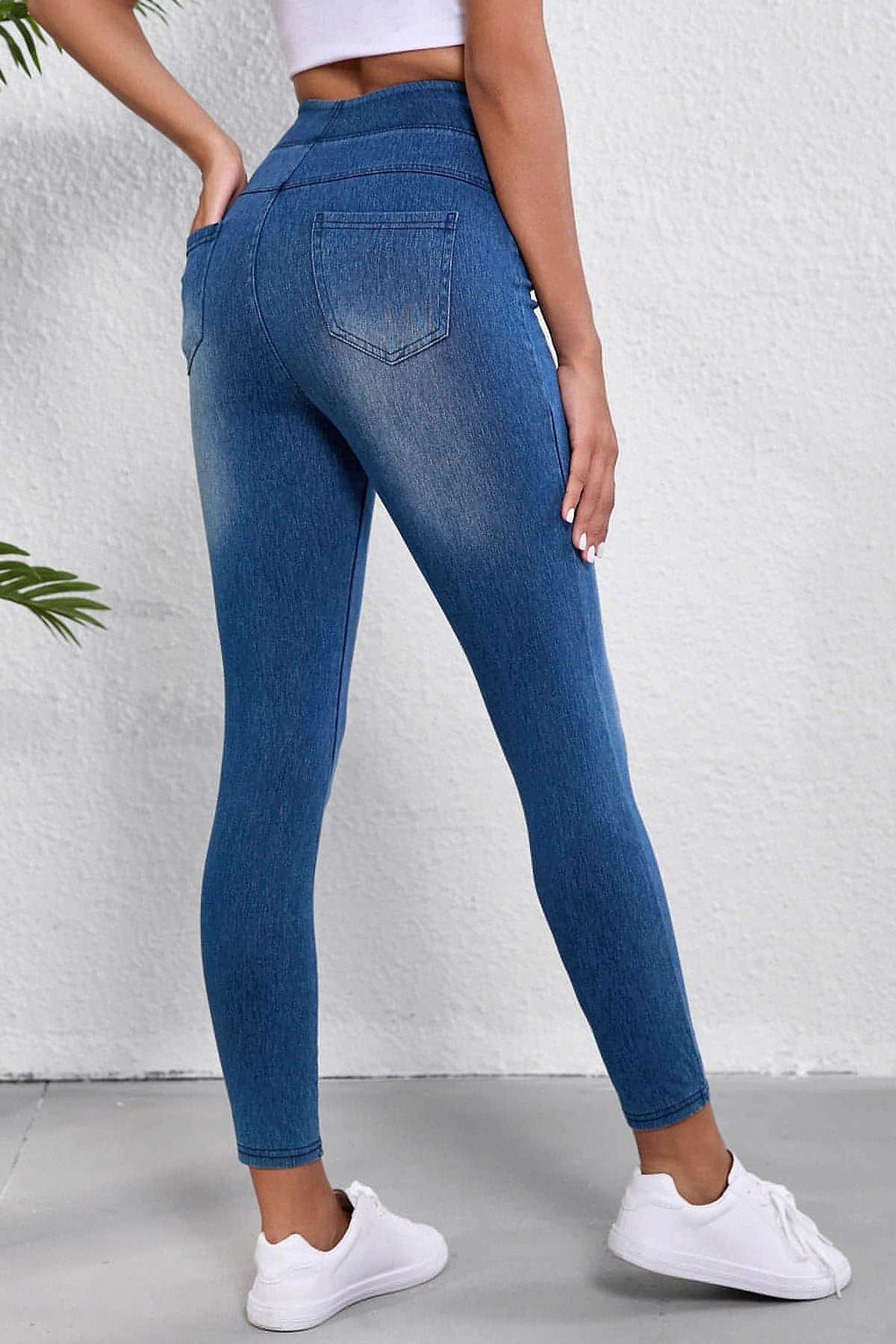 Navy Blue Skinny Elastic Waist Ankle Length Mid Waist Jeggings with Pockets - enhanced image 10