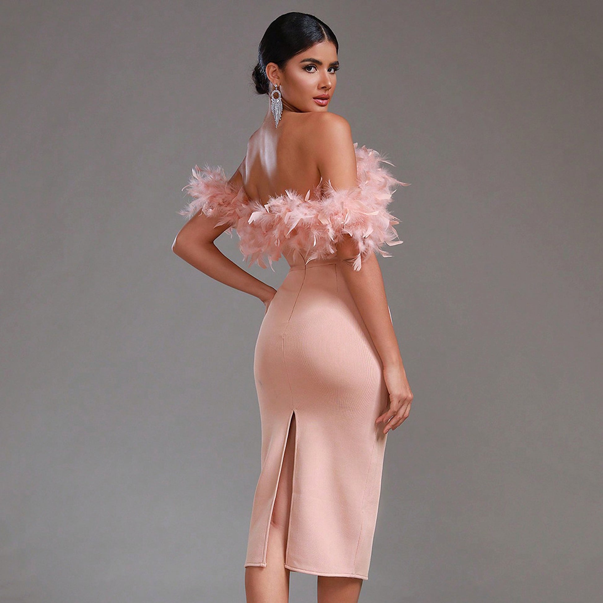 Off-neck Feather Women's Dress - enhanced image 10