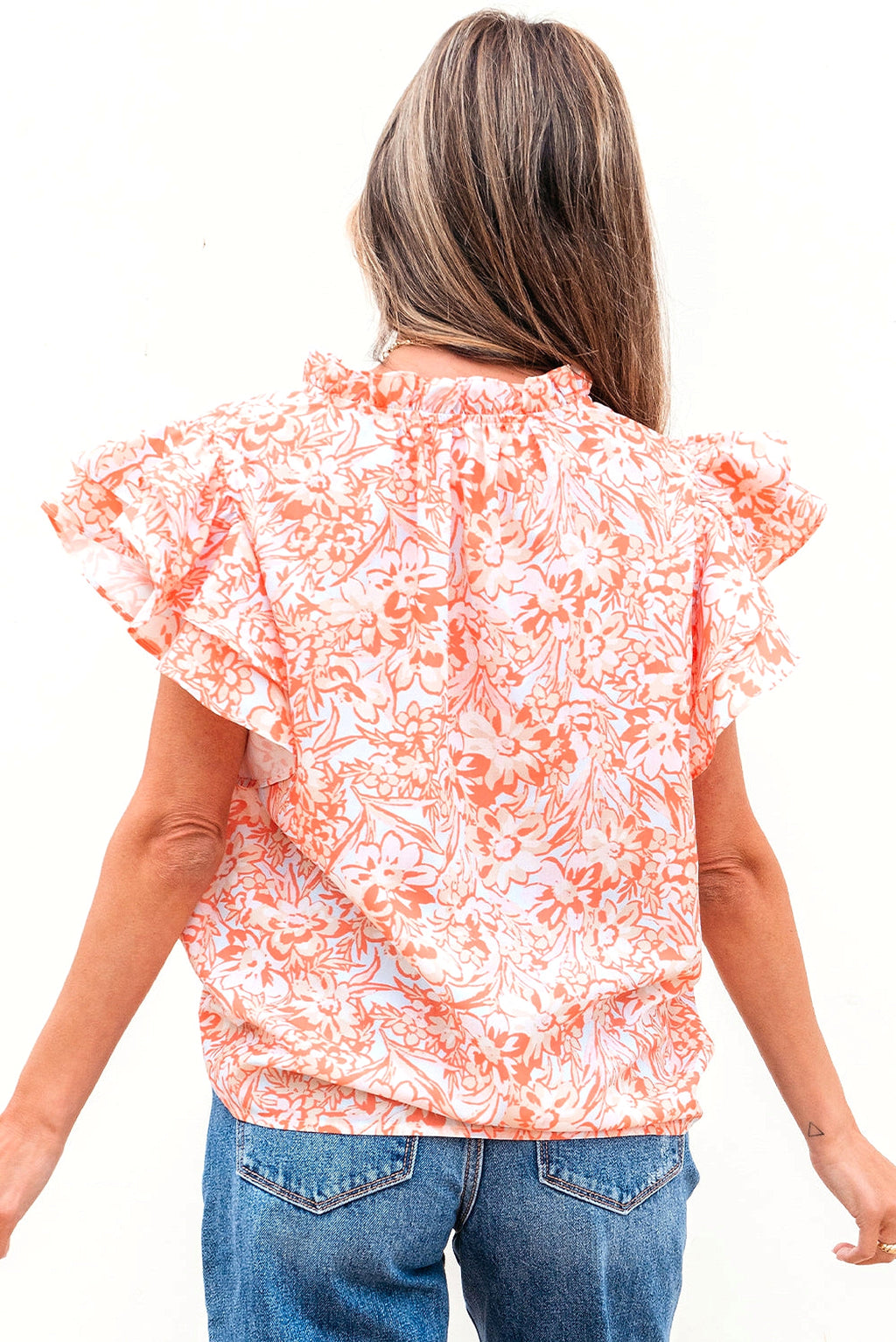 Orange Floral Ruffle Sleeve Split Neck Blouse - enhanced image 10