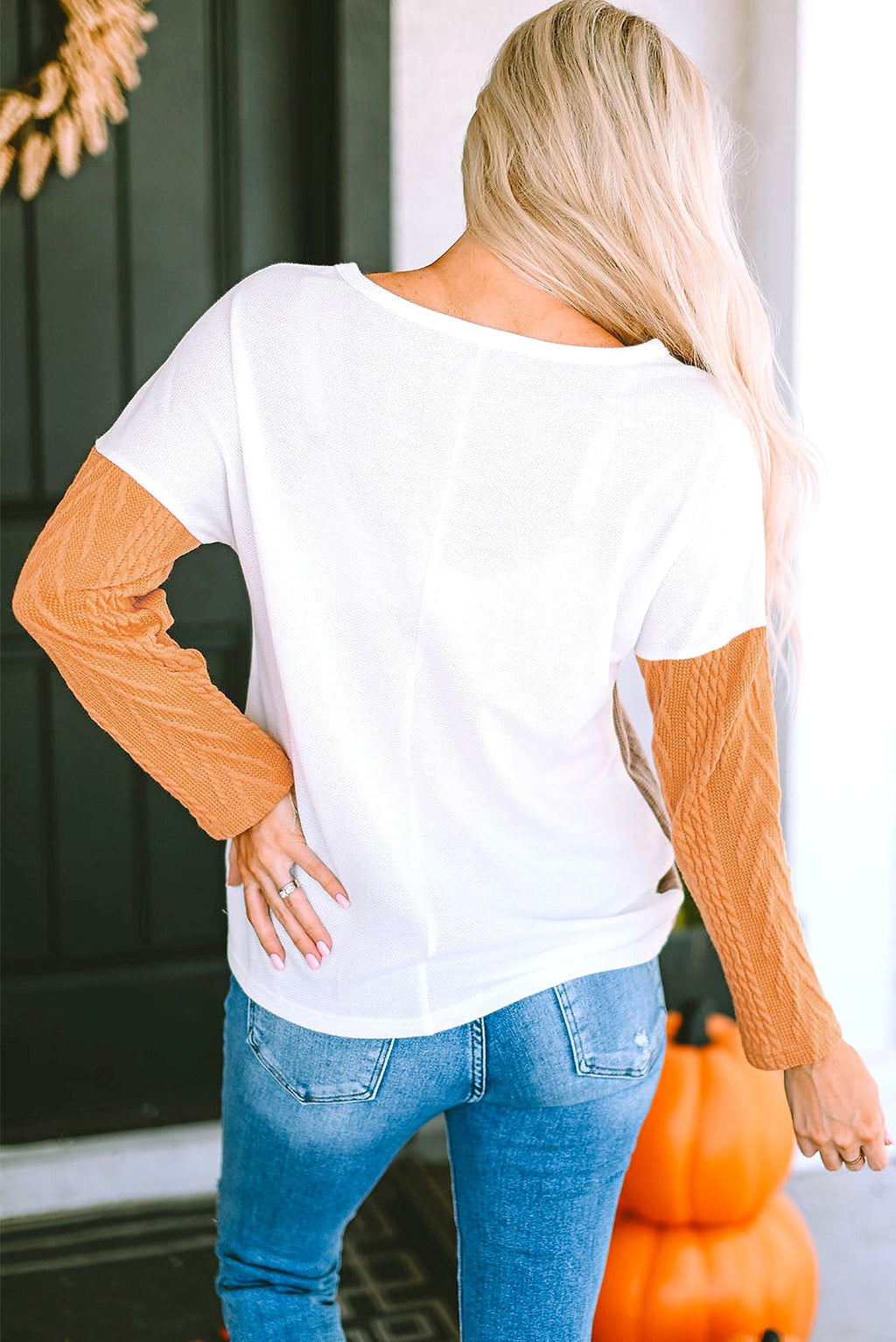 Orange Long Sleeve Colorblock Chest Pocket Textured Knit Top - enhanced image 10
