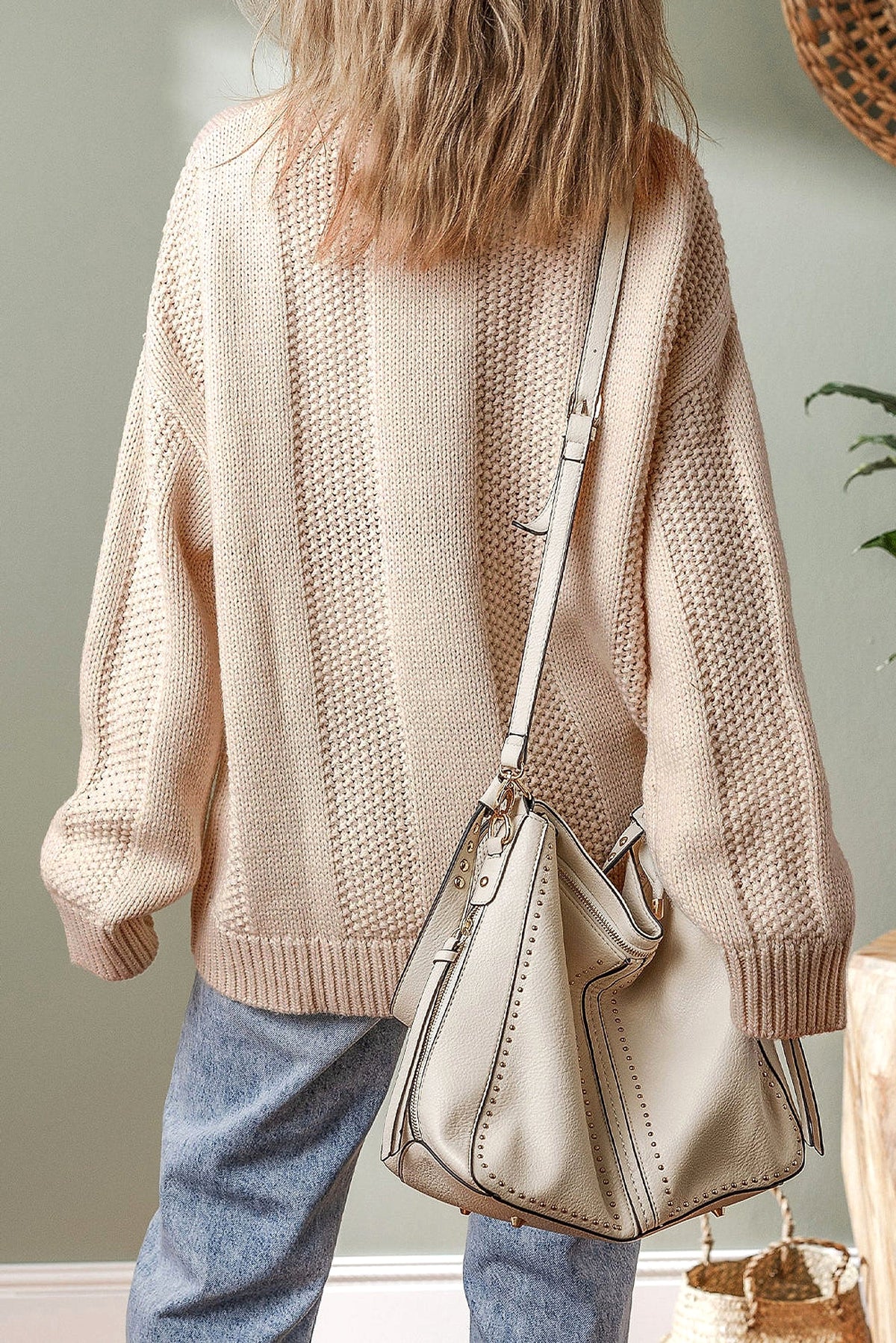 Pale Khaki Solid Color Cable Knit Ribbed Loose Sweater - enhanced image 10