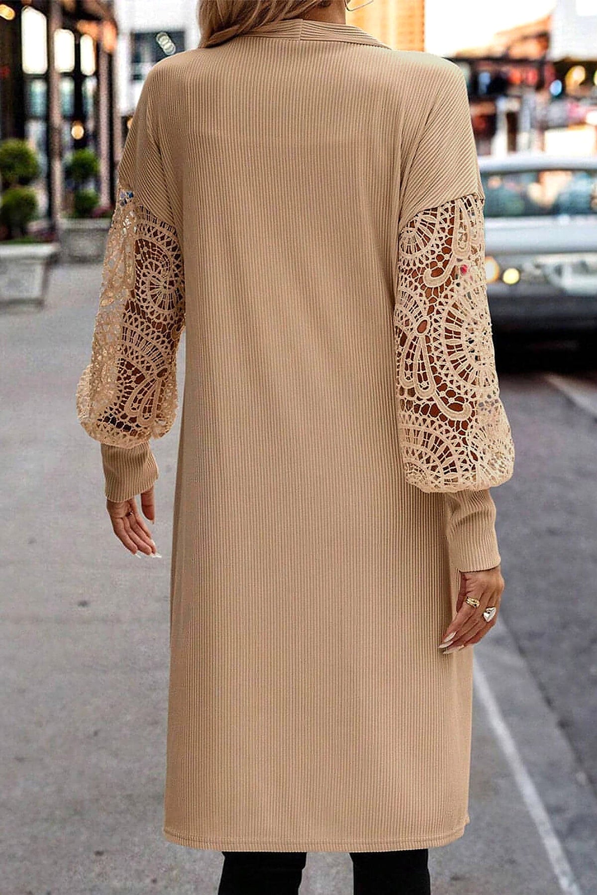 Parchment Lace Patchwork Ribbed Knit Open Front Duster Cardigan - enhanced image 10