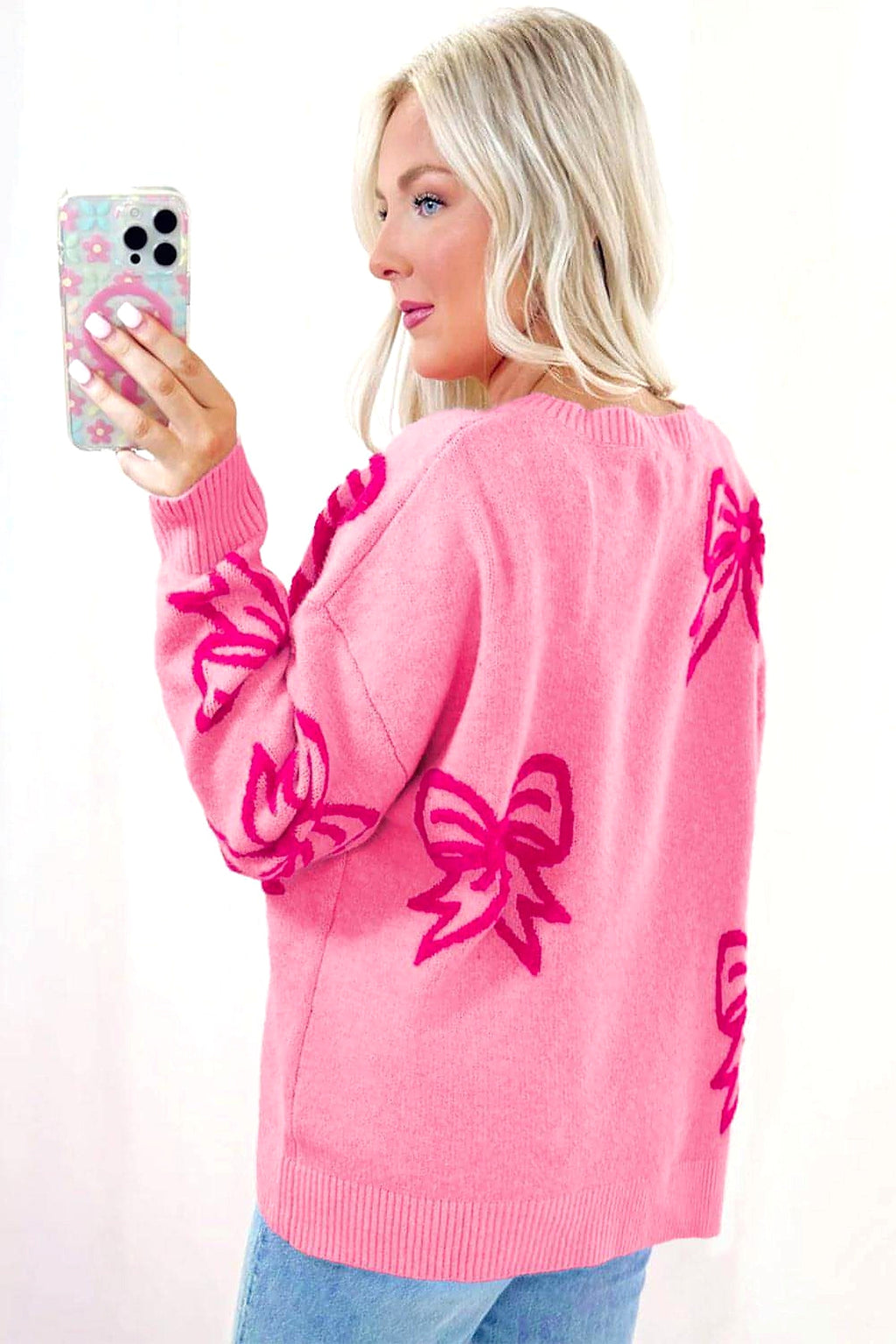 Pink Bow Pattern Drop Shoulder Loose Sweater - enhanced image 10