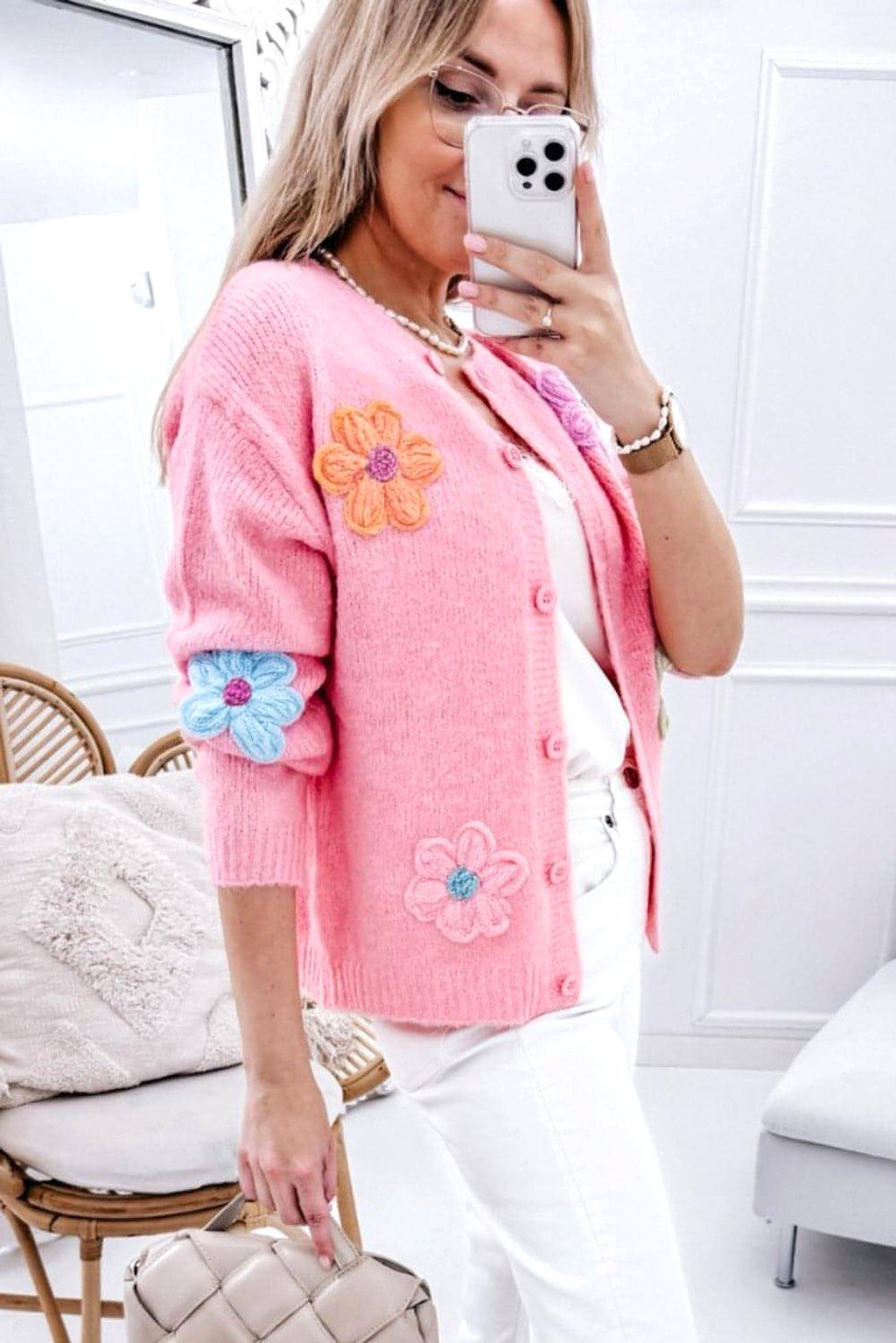 Pink Cute Knitted Floral Pattern Button Up Cardigan - enhanced image 10