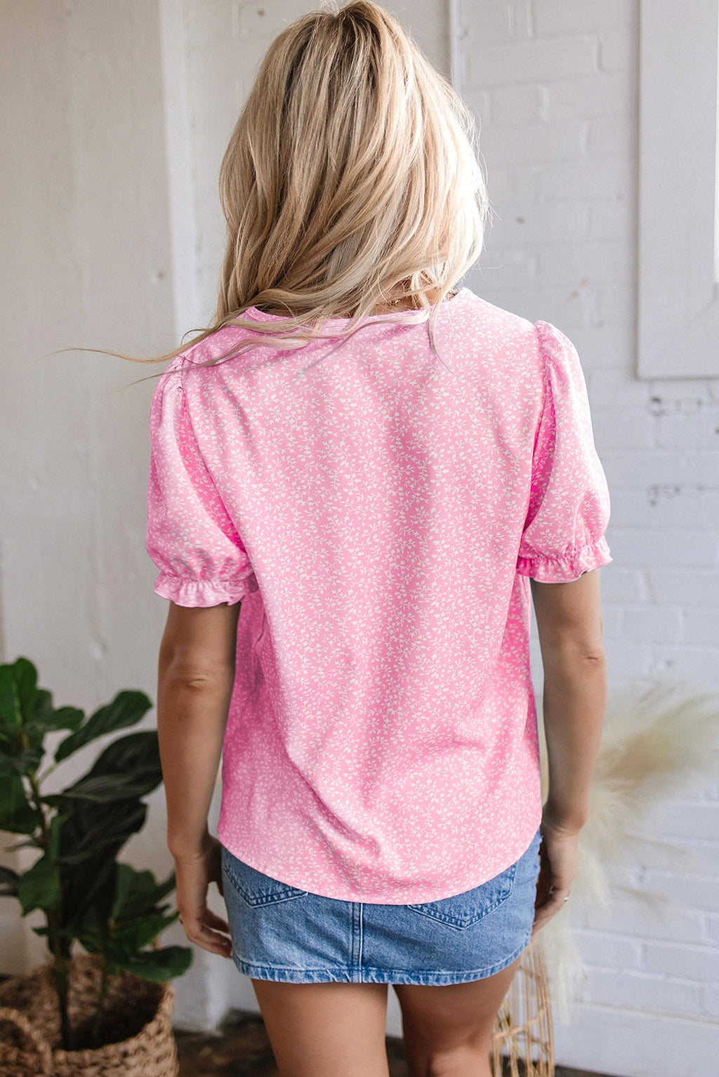 Pink Floral Embroidered Puff Sleeve Notched V Neck Blouse - enhanced image 10