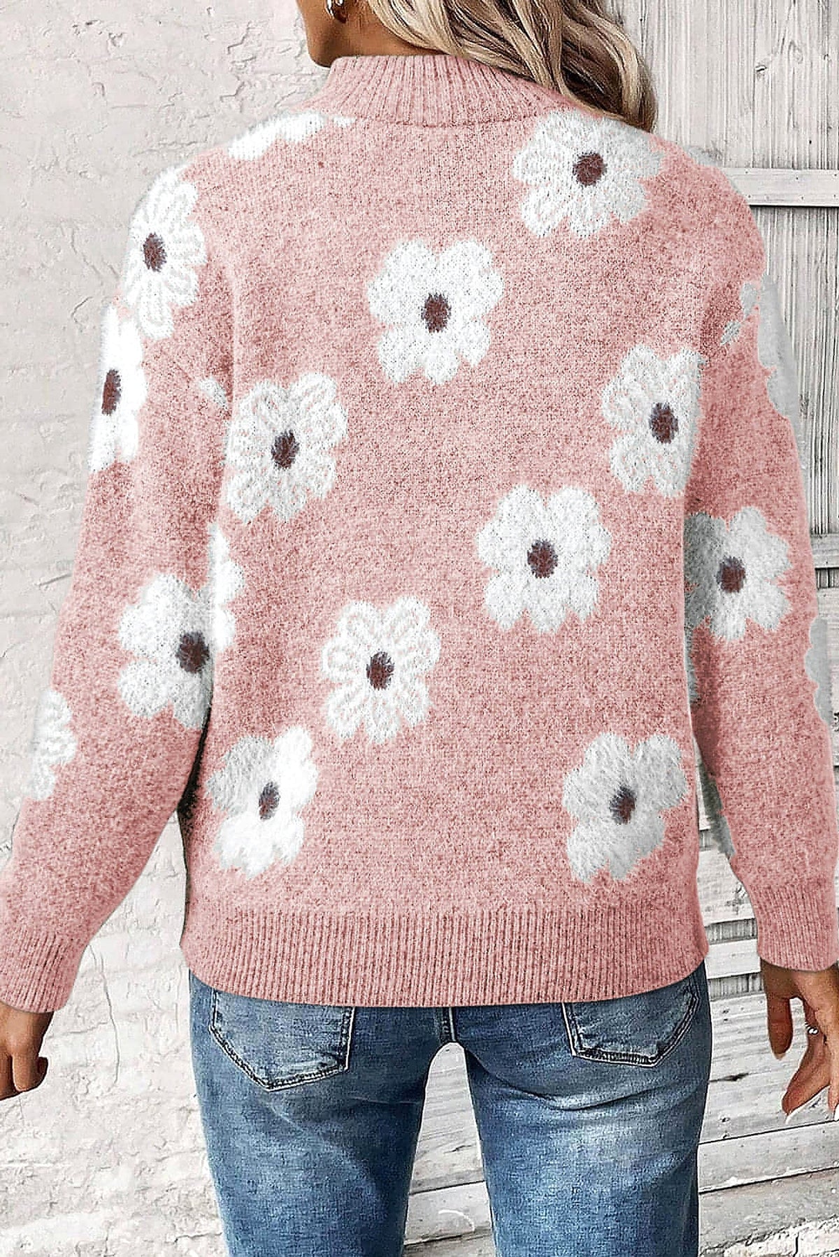 Pink Floral Pattern Half Zip Drop Shoulder Sweater - enhanced image 10