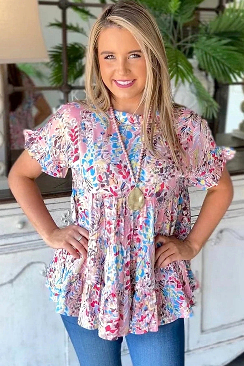 Pink Floral Print Ruffle Sleeve Babydoll Top - enhanced image 10