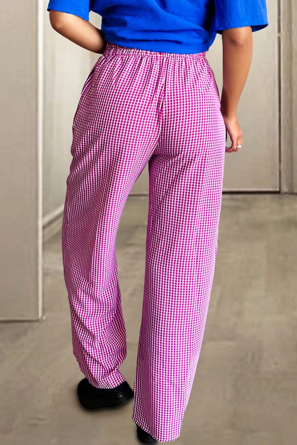 Pink Plaid Print Drawstring High Waist Wide Leg Casual Pants - enhanced image 10