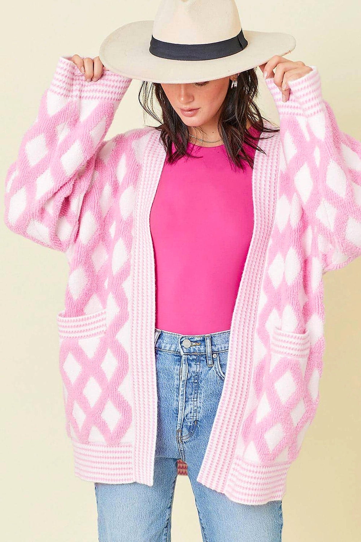Pink Rhombus Pattern Knit Open Front Pocketed Cardigans - enhanced image 10