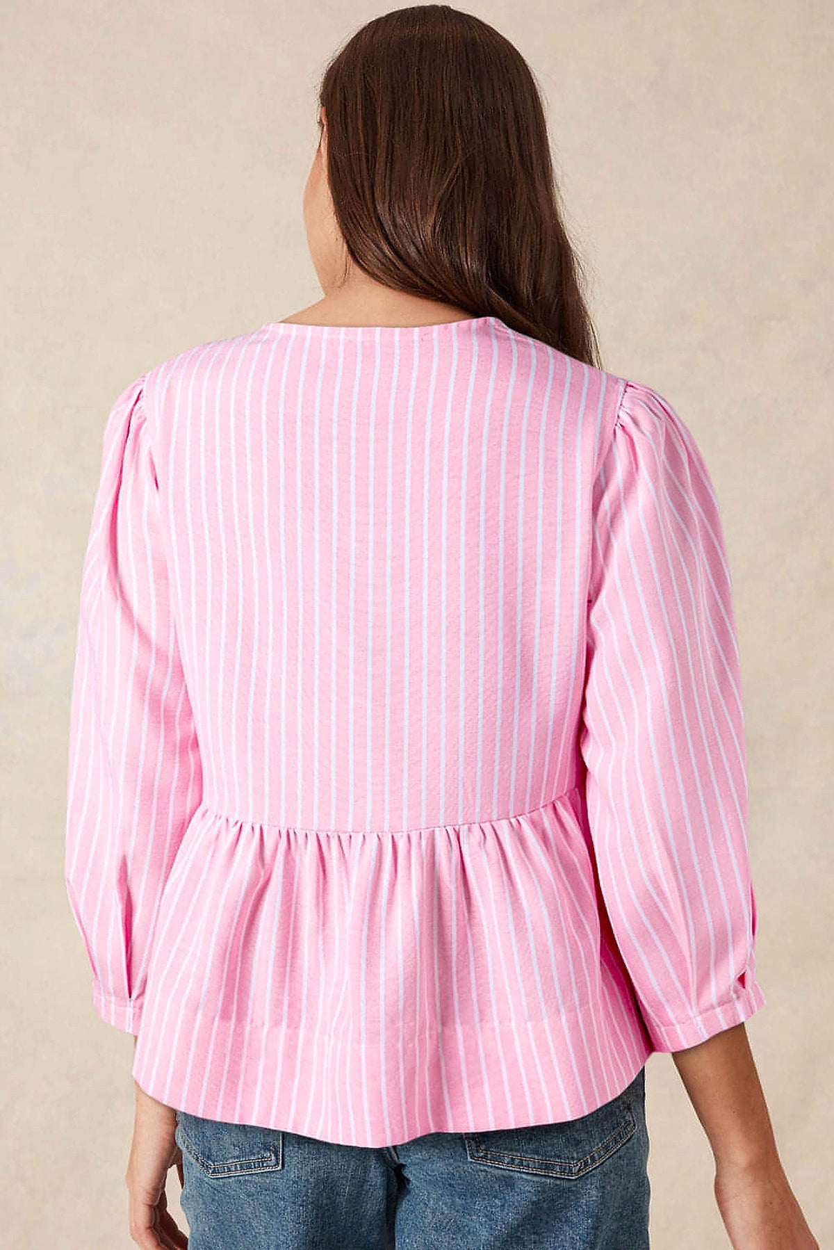 Pink Stripe Bowknot Front Crew Neck Puff Sleeve Blouse - enhanced image 10