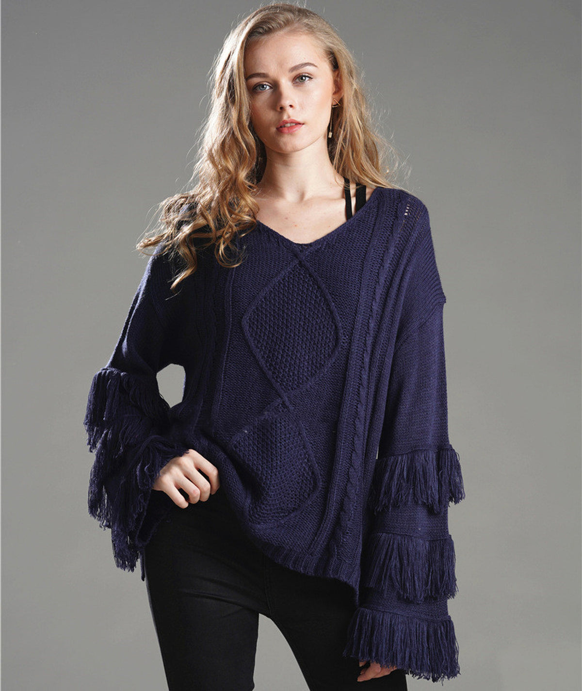 Pullover Loose Sweater Women Tassel Pure Color - enhanced image 10