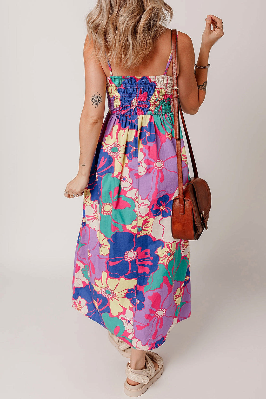 Purple Floral Print Shirred Spaghetti Strap Loose Maxi Dress - enhanced image 10