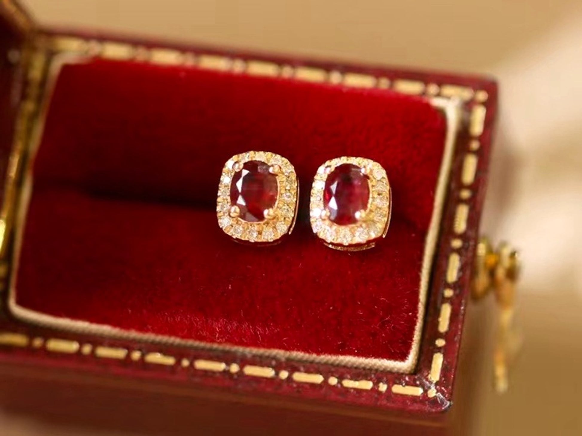 Real Gold Natural Ruby Diamond Stud Earrings Pigeon Blood Red Color - enhanced image 10