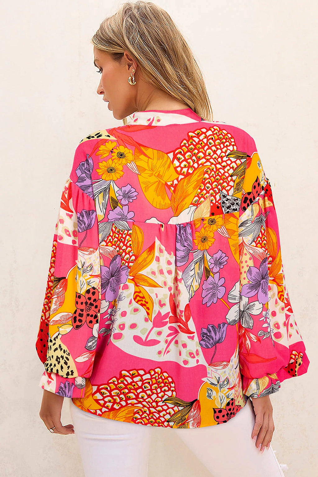 Red Abstract Floral Print Buttoned Ruffled Bubble Sleeve Shirt - enhanced image 10