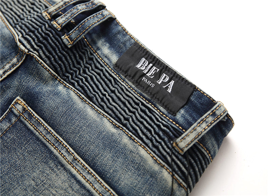 Retro Crumpled Hole Patch Elastic Straight Skinny Jeans - enhanced image 10