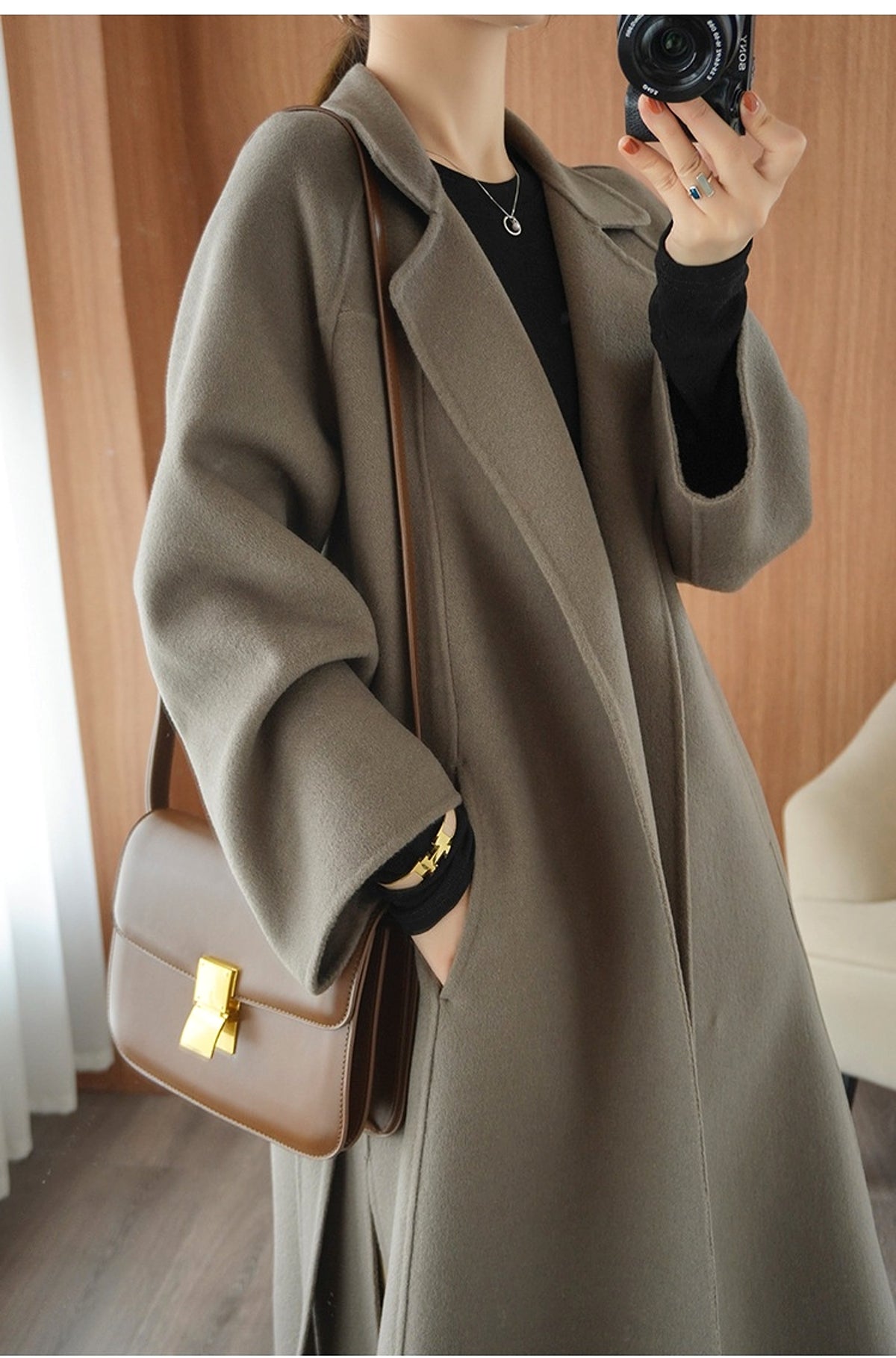 Reversible Cashmere Coat Women's Mid-length Loose Over Knee Coat - enhanced image 10