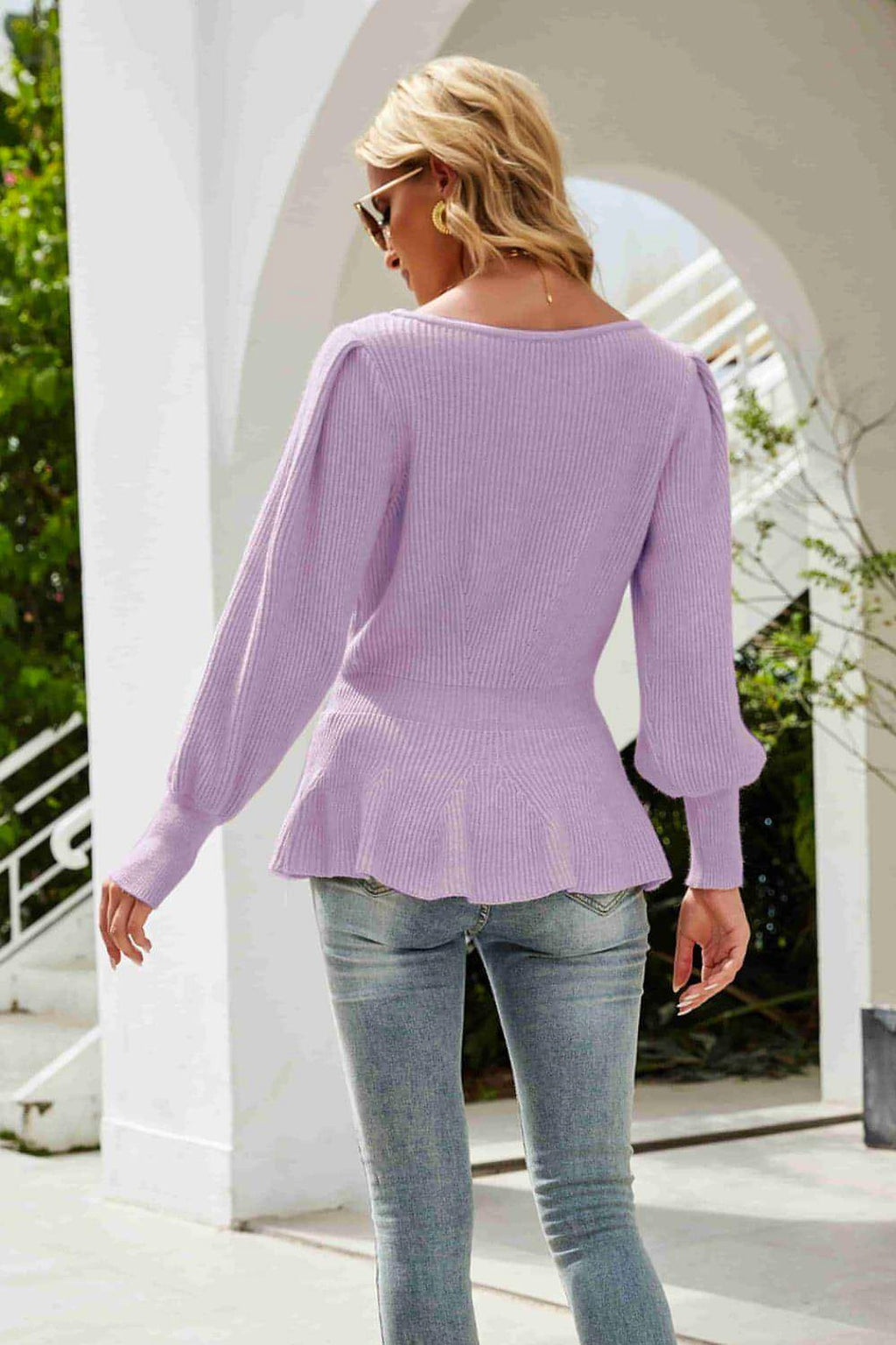 Ribbed Round Neck Lantern Sleeve Sweater - enhanced image 10