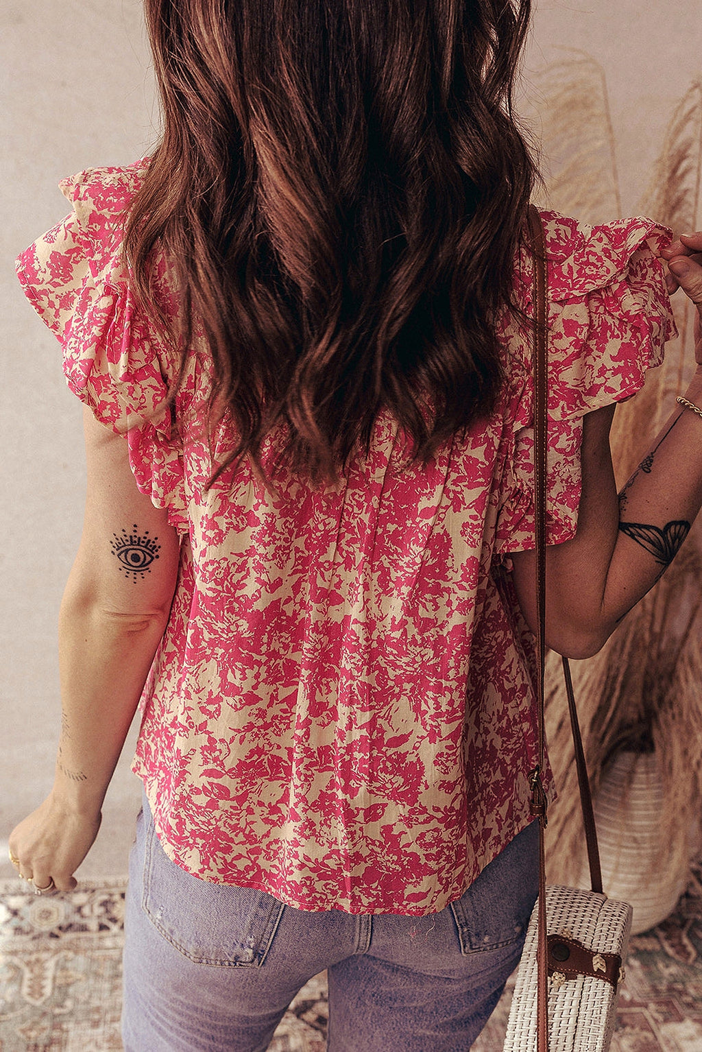 Rose Allover Printed Half Button Neck Ruffle Sleeve Blouse - enhanced image 10