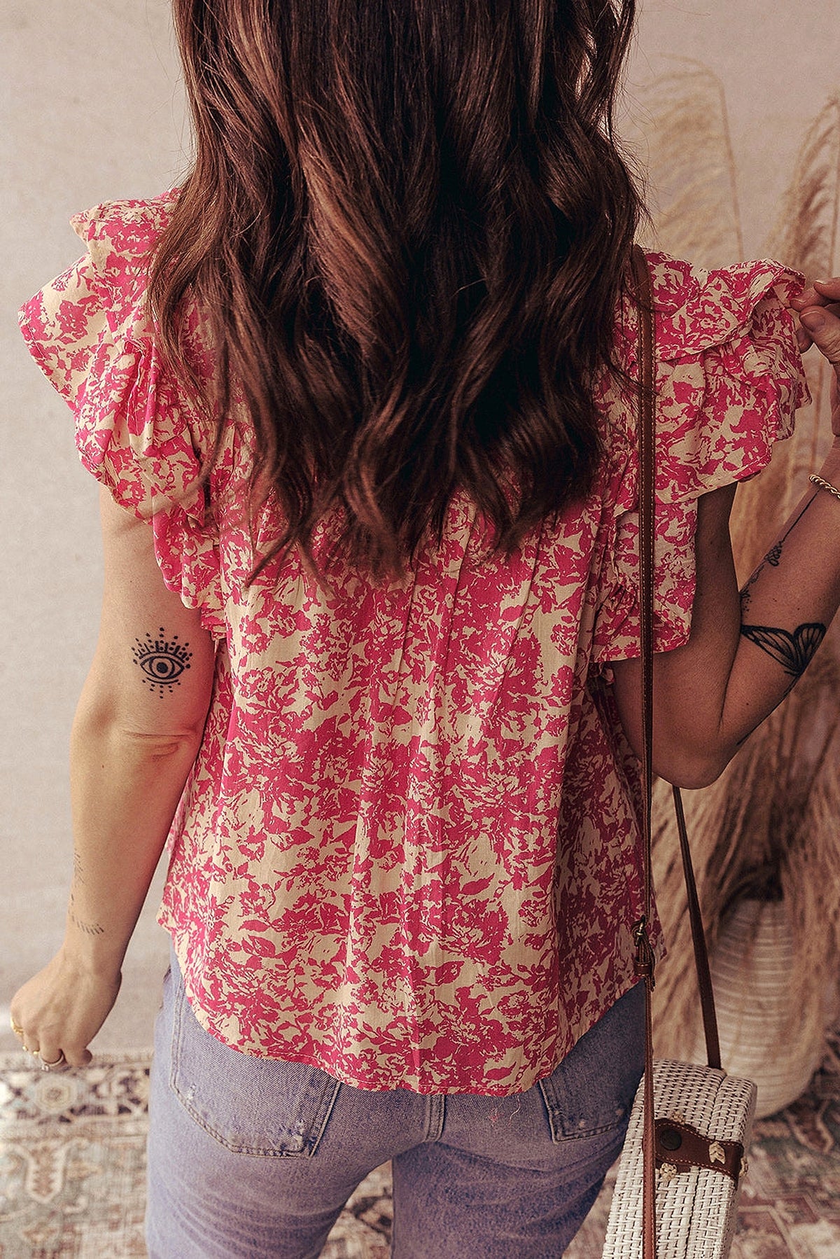 Rose Allover Printed Half Button Neck Ruffle Sleeve Blouse - enhanced image 10