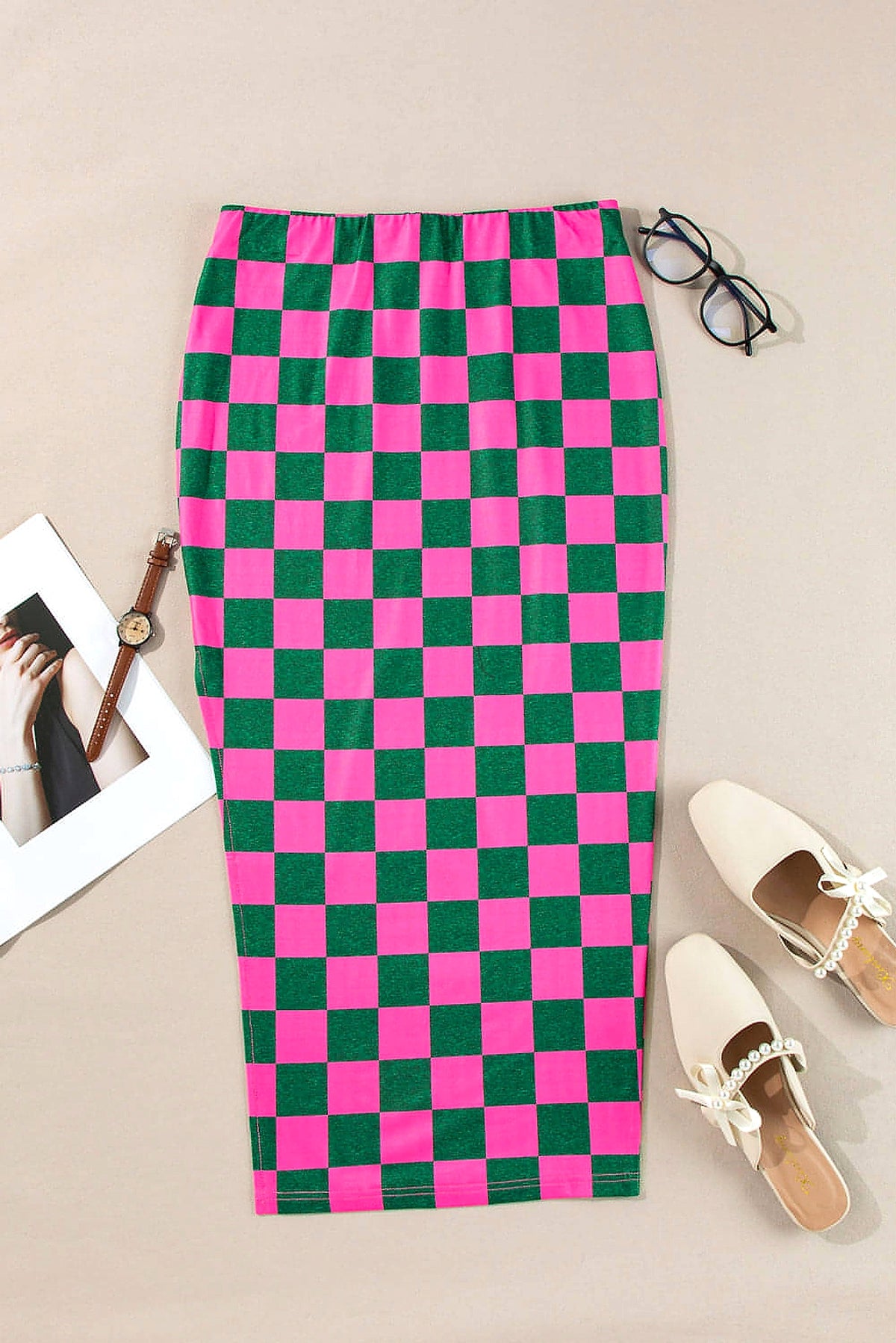 Rose Checkered Print Side Slit High Waist Midi Skirt - enhanced image 10
