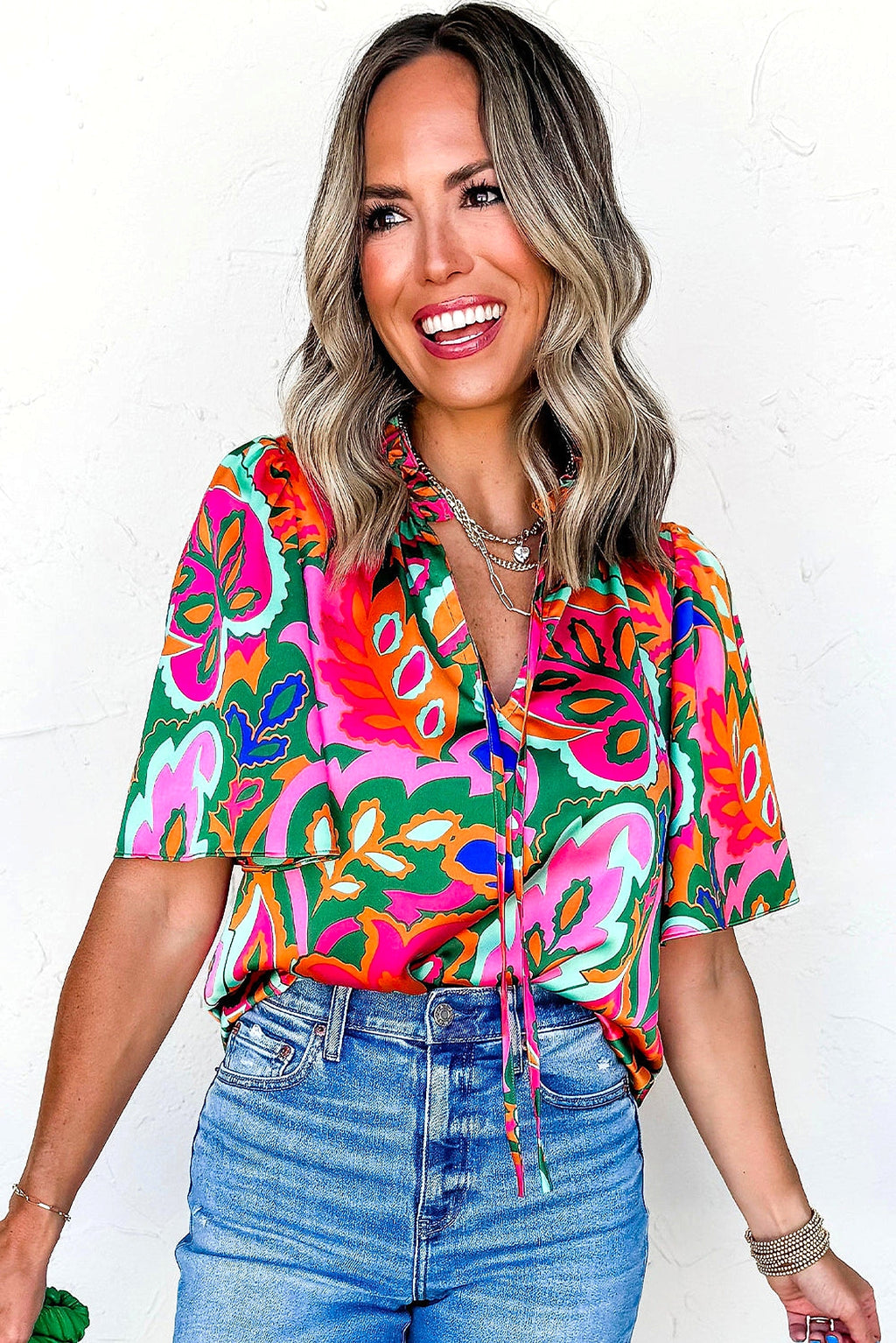 Rose Summer Plant Print Lace up V Neck Short Sleeve Blouse - enhanced image 10