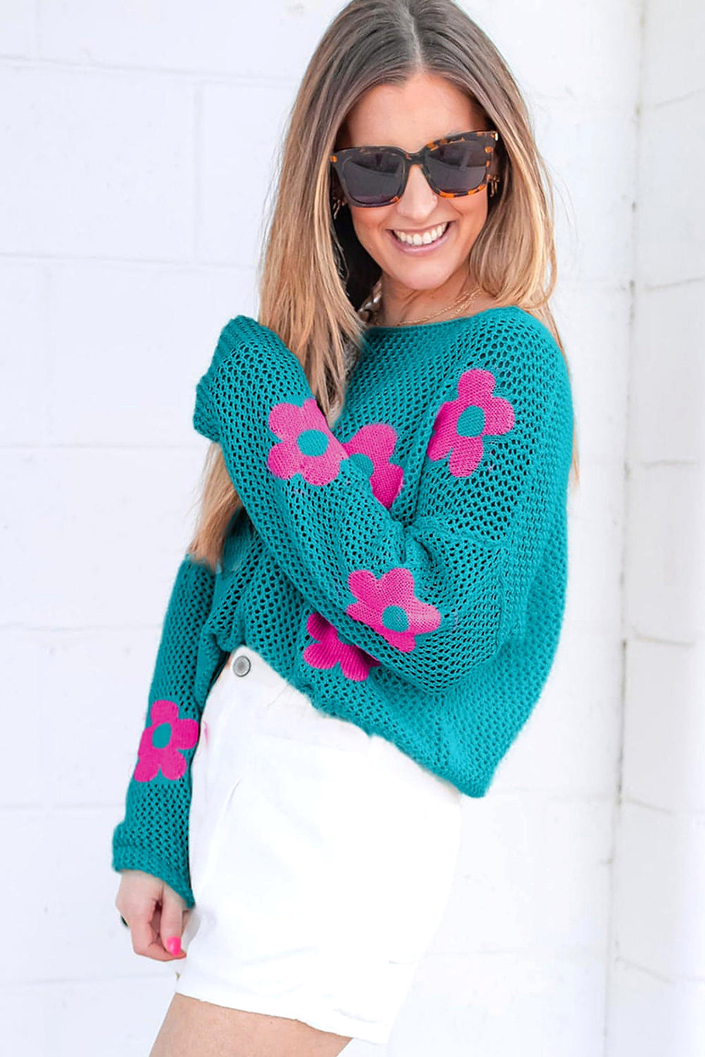 Sea Green Big Flower Hollowed Knit Drop Shoulder Sweater - enhanced image 10