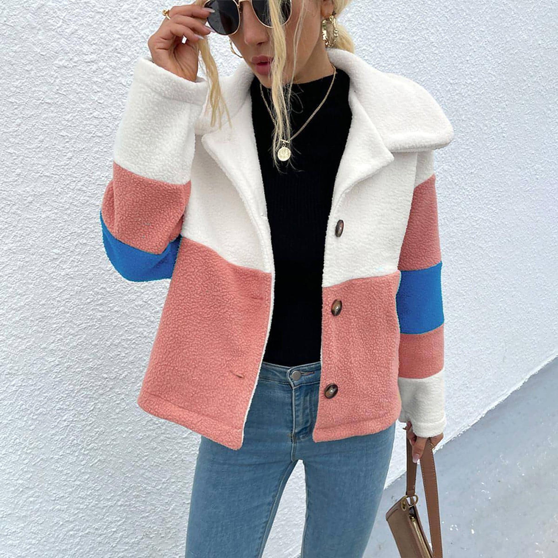 Shiny Color Block Button Down Collared Jacket - enhanced image 10