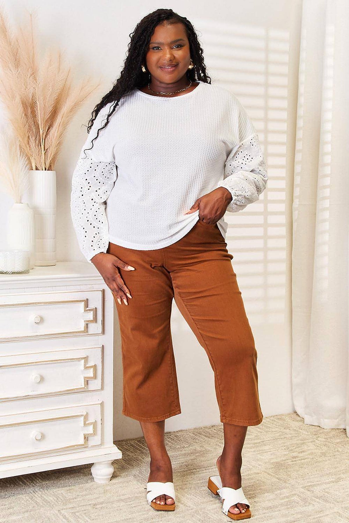 Shiny Eyelet Dropped Shoulder Round Neck Blouse - enhanced image 10