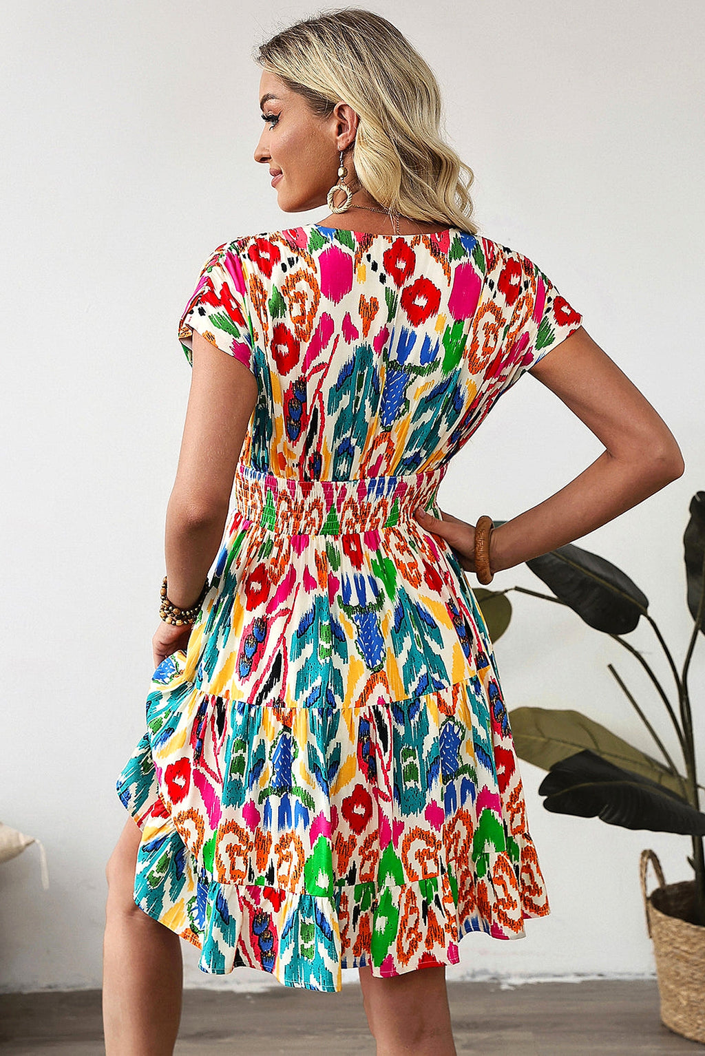 Sky Blue Abstract Print V Neck Dolman Sleeve Ruffle Tiered Mini Dress - enhanced image 10