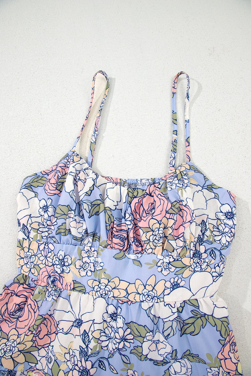 Sky Blue Floral Tiered Patchwork Spaghetti Strap Vacation Dress - enhanced image 10
