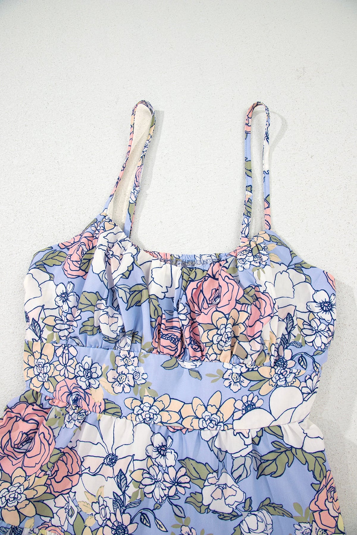 Sky Blue Floral Tiered Patchwork Spaghetti Strap Vacation Dress - enhanced image 10