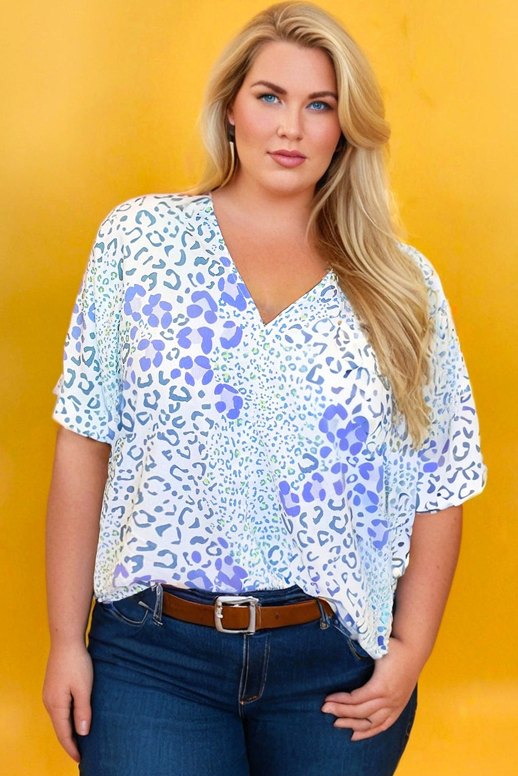 Sky Blue Leopard Print Short Sleeve V Neck Plus Size Top - enhanced image 10