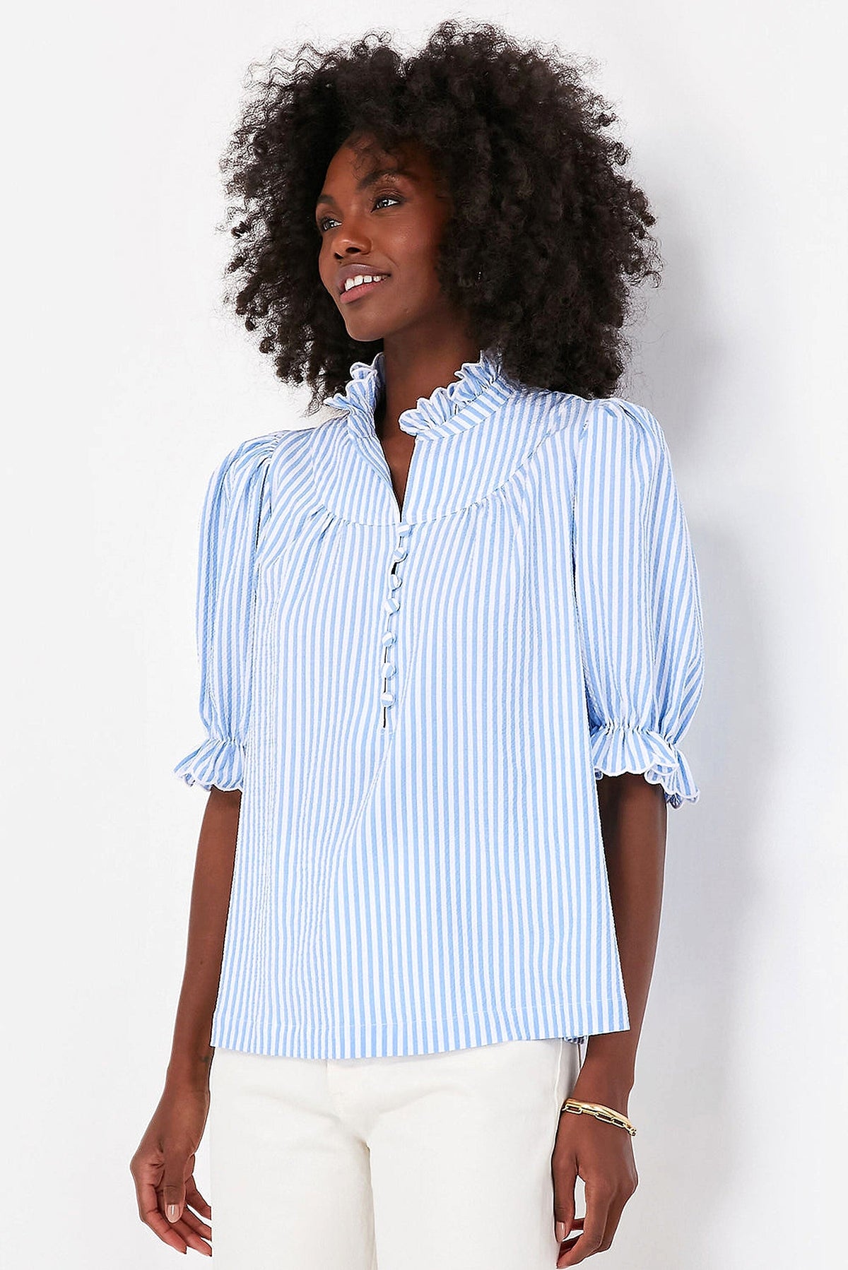 Sky Blue Stripe Ruffled Collar Puff Sleeve Half Buttons Blouse - enhanced image 10