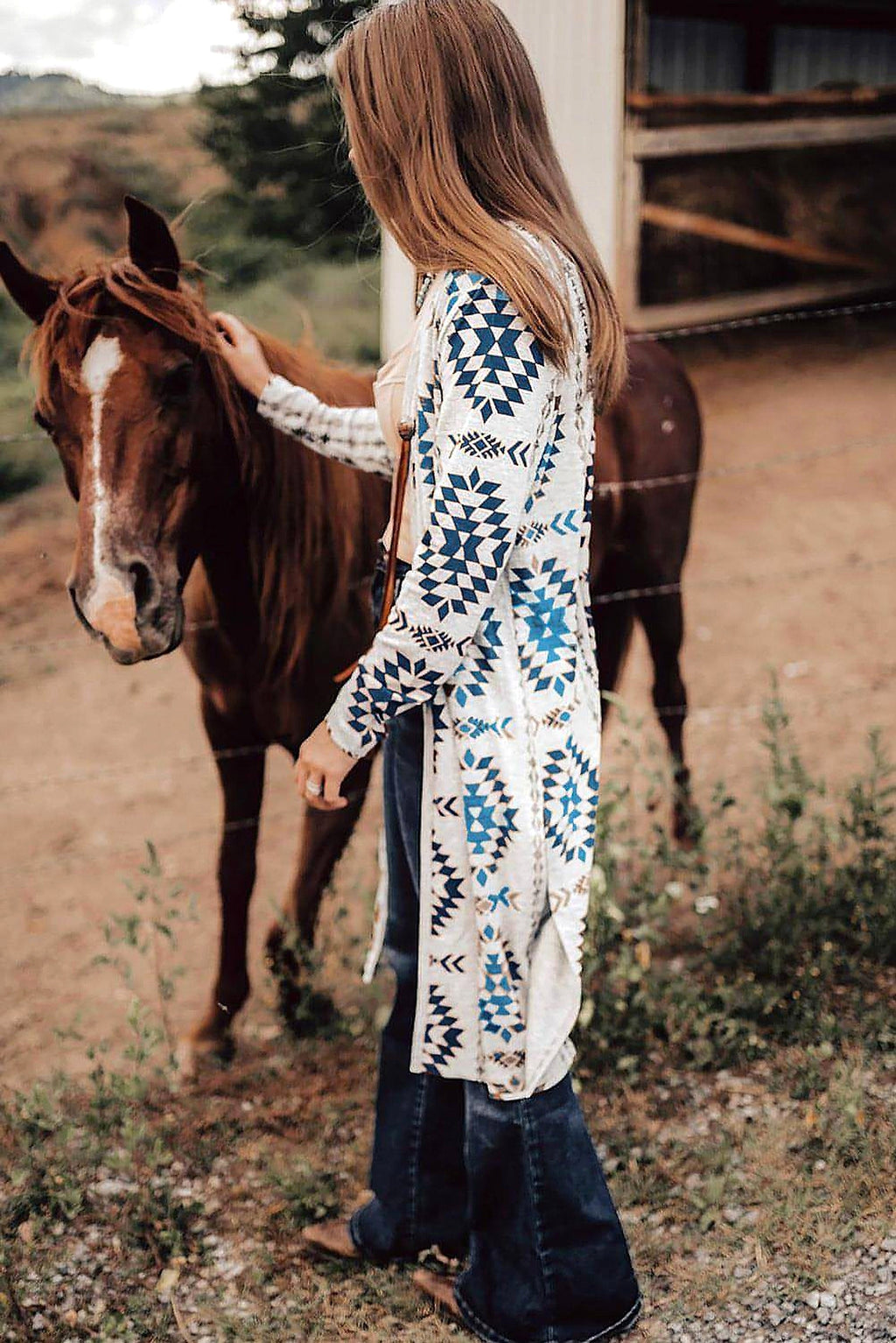 Sky Blue Western Aztec Printed Open Front Long Cardigan - enhanced image 10