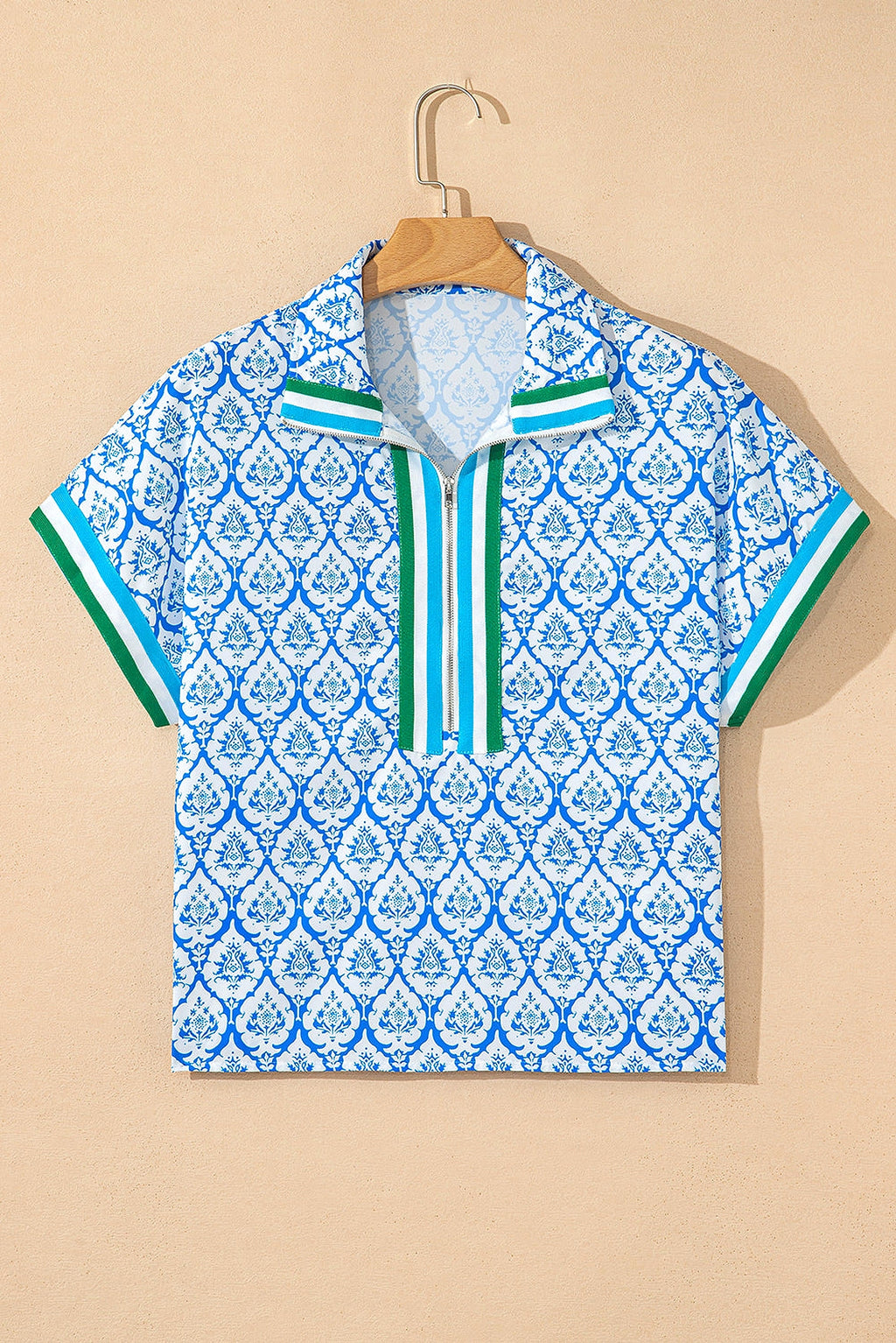 Sky Blue Western Print Zipped Collar Short Sleeve Summer Blouse Top - enhanced image 10
