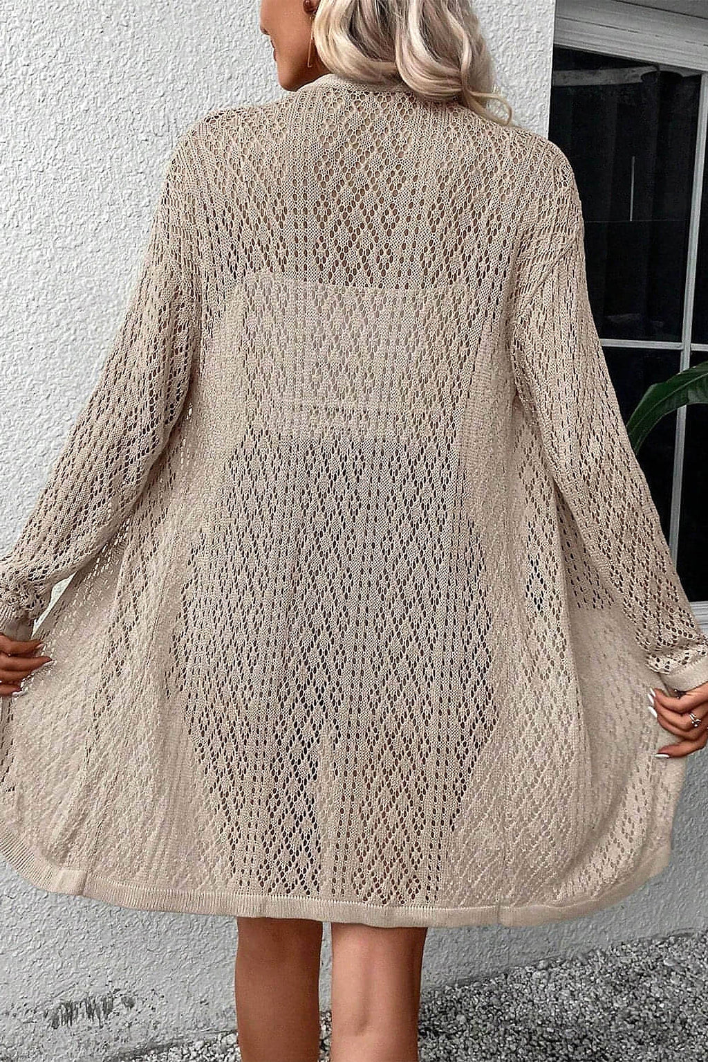 Smoke Gray Solid Color Pointelle Knit Open Front Cardigan - enhanced image 10