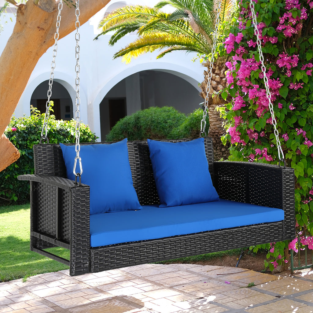 SolunaSwing™ – 4ft Black Rattan Hanging Chair with Blue Cushions - enhanced image 10