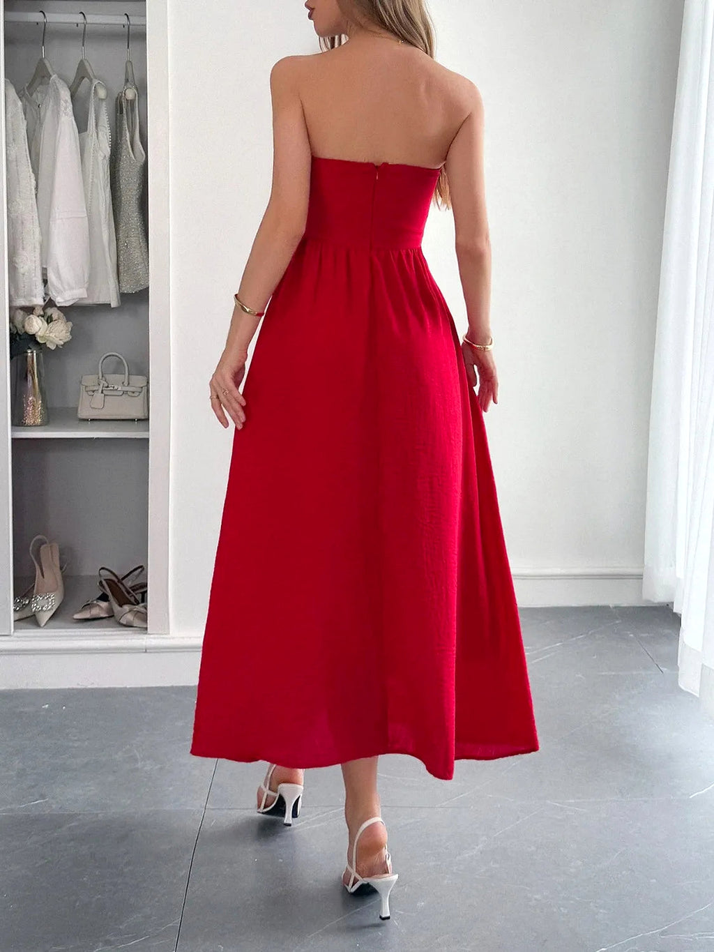 Strapless A-Line Midi Dress with Pockets - enhanced image 10