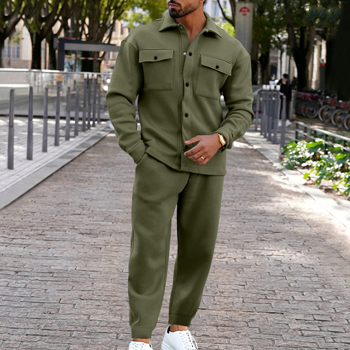 A Suede Single-breasted Solid Color Slim Fit Two-piece Suit Men (Tracksuit) - enhanced image 10